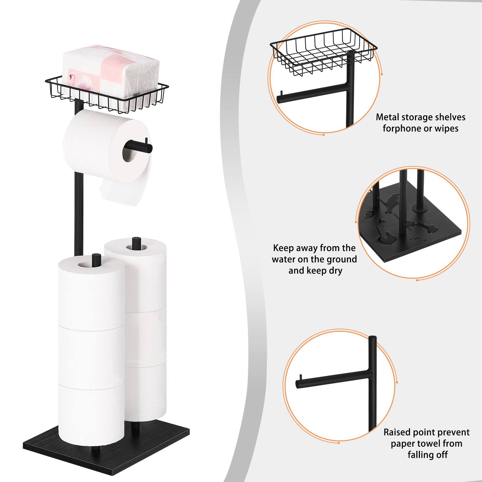 Metal storage shelves for phone or wipes

Keep away from the water on the ground and keep dry

Raised point prevent paper towel from falling off