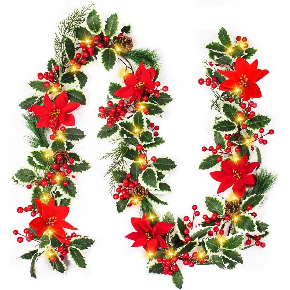 PARKER SLATER - 6.5ft Pre-Lit Christmas Garland with 50 Lights, Poinsettia, Holly & Berries - Green Red