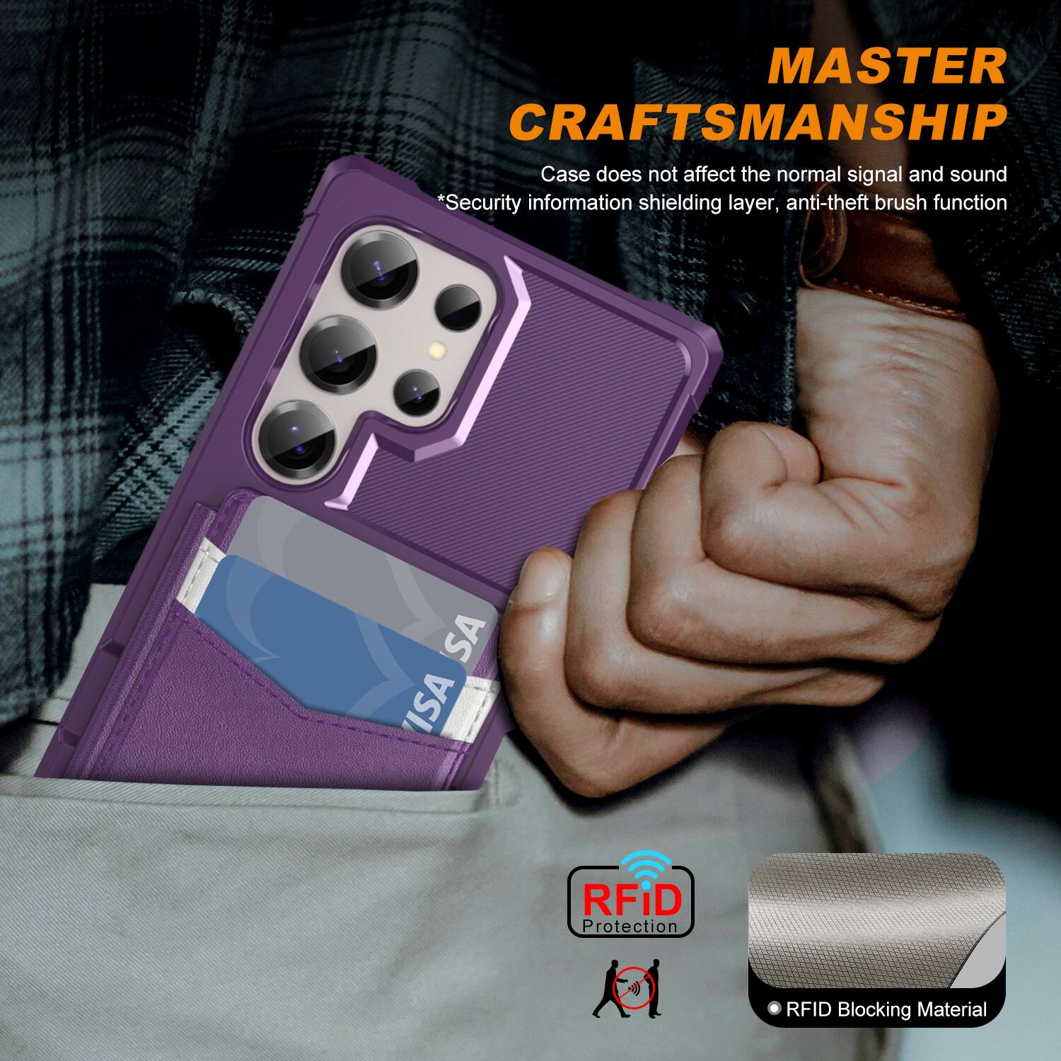 MASTER CRAFTSMANSHIP  
Case does not affect the normal signal and sound  
*Security information shielding layer, anti-theft brush function  
SA ISA RFID Protection  
RFID Blocking Material