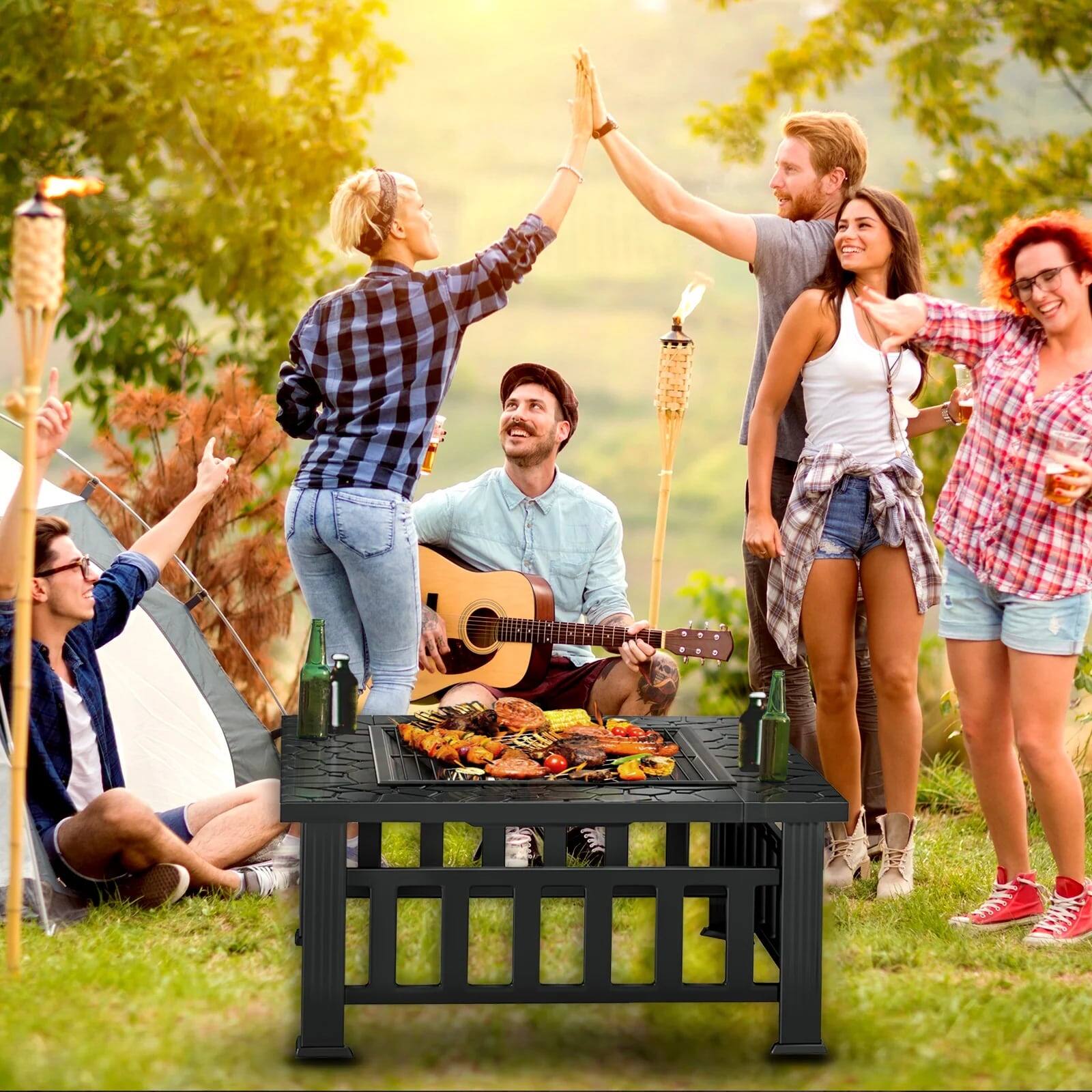 Alt View 2. KingChii - KingChii  Wood-Burning Fire Pit Table with Mesh Lid Poker and Protective Cover in Black - Black.