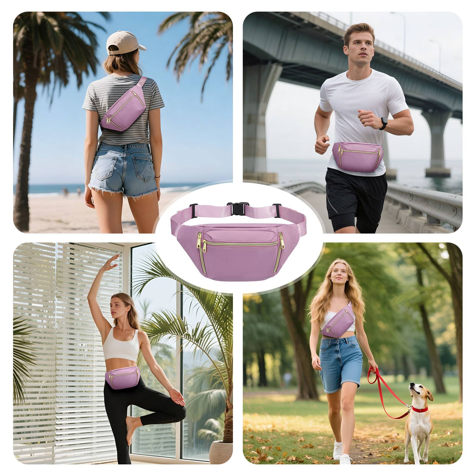 Alt View 5. Unique Bargains - Crossbody Fanny Pack with 5-Zipper Pockets Waterproof Nylon Anti Theft Waist Bag for Women Men for Sports Traveling - Purple.