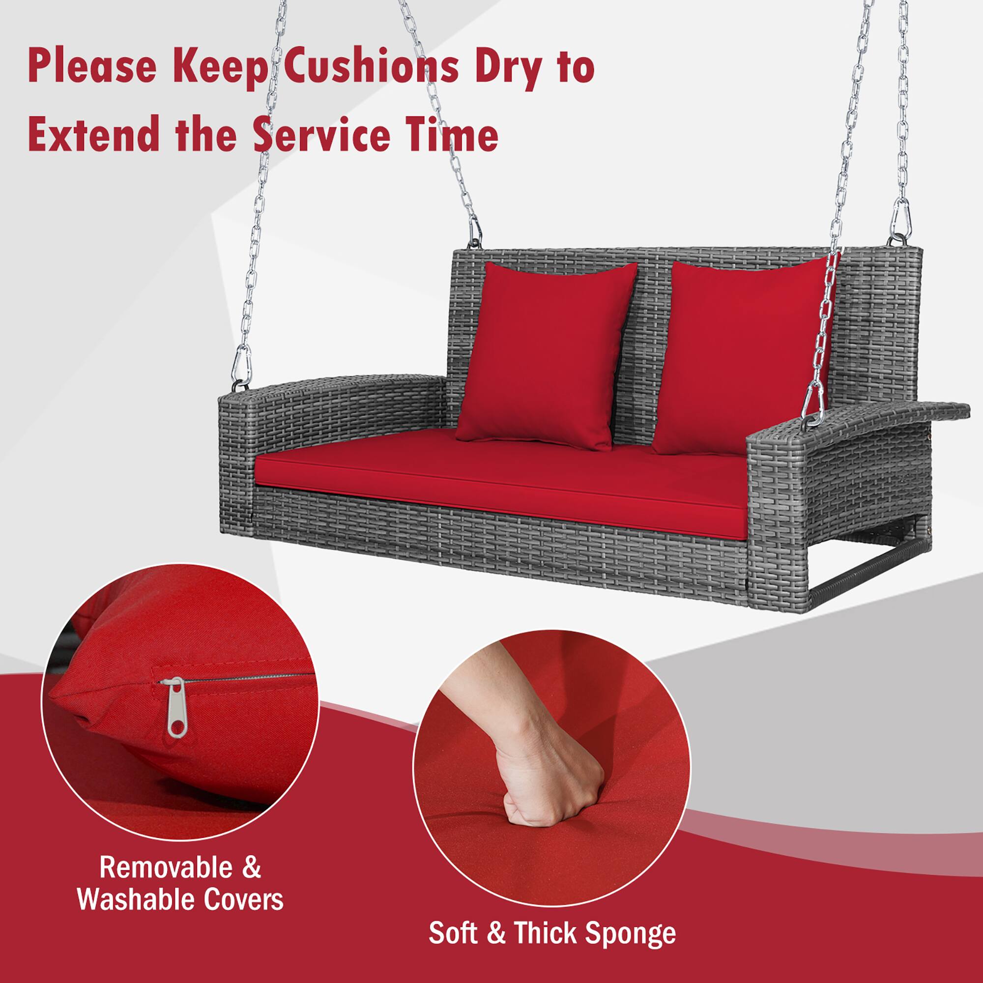 Please Keep Cushions Dry to Extend the Service Time

- Removable & Washable Covers
- Soft & Thick Sponge