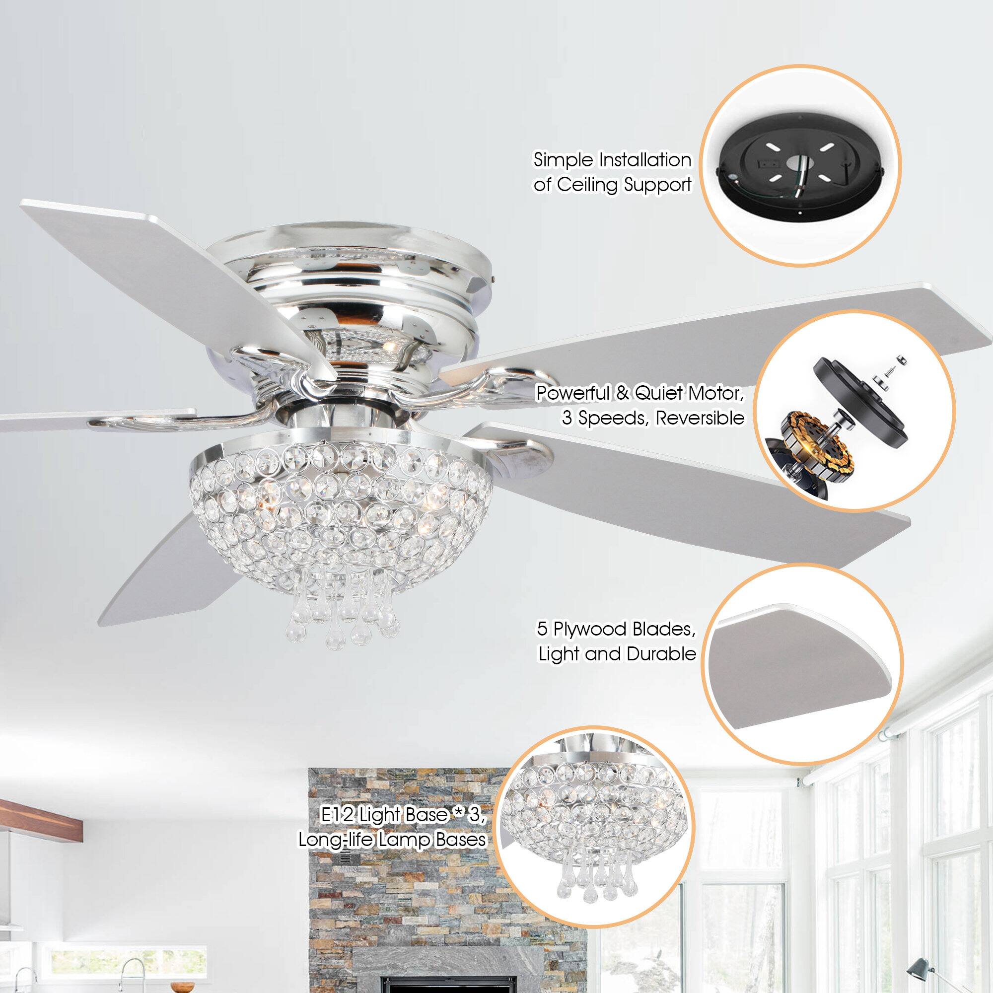 Simple Installation of Ceiling Support  
Powerful & Quiet Motor, 3 Speeds, Reversible  
5 Plywood Blades, Light and Durable  
E12 Light Base *3, Long-life Lamp Bases