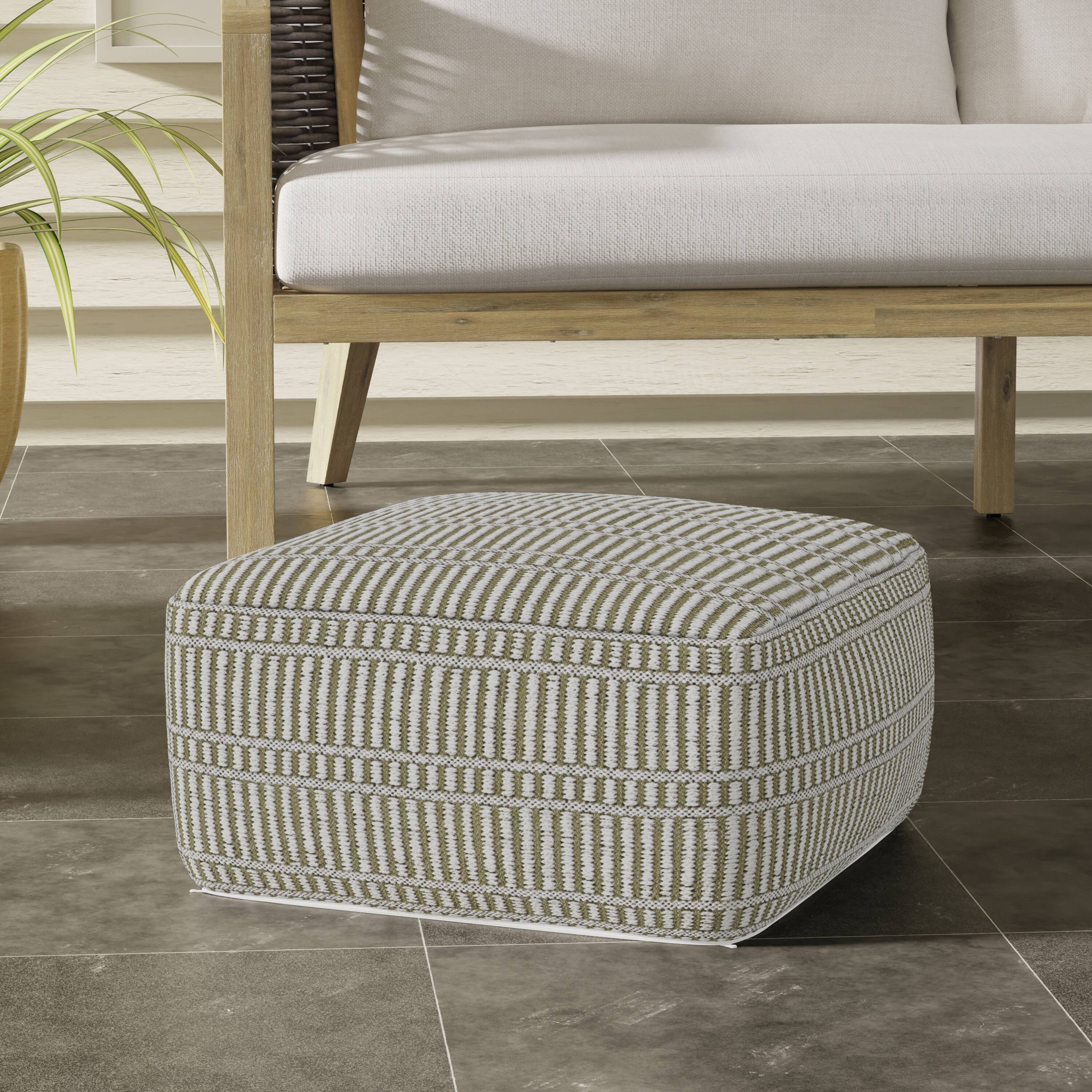 Angle. Simpli Home - Safford 20 inch Wide Boho Outdoor/Indoor Square Pouf in Natural/Travertine/White Recycled Polyester, Assembled - Natural/Travertine/White.