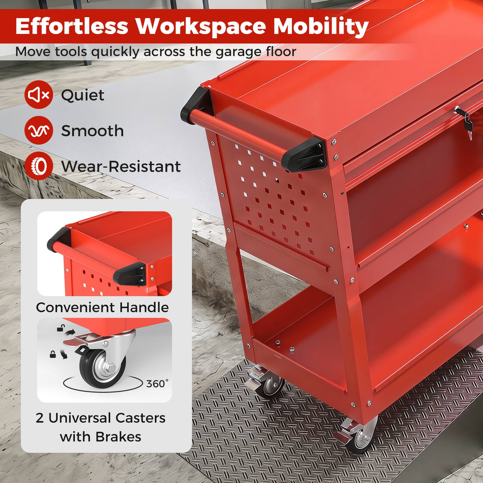 Effortless Workspace Mobility  
Move tools quickly across the garage floor

- Quiet
- Smooth
- Wear-Resistant
- Convenient Handle
- 360°
- 2 Universal Casters with Brakes