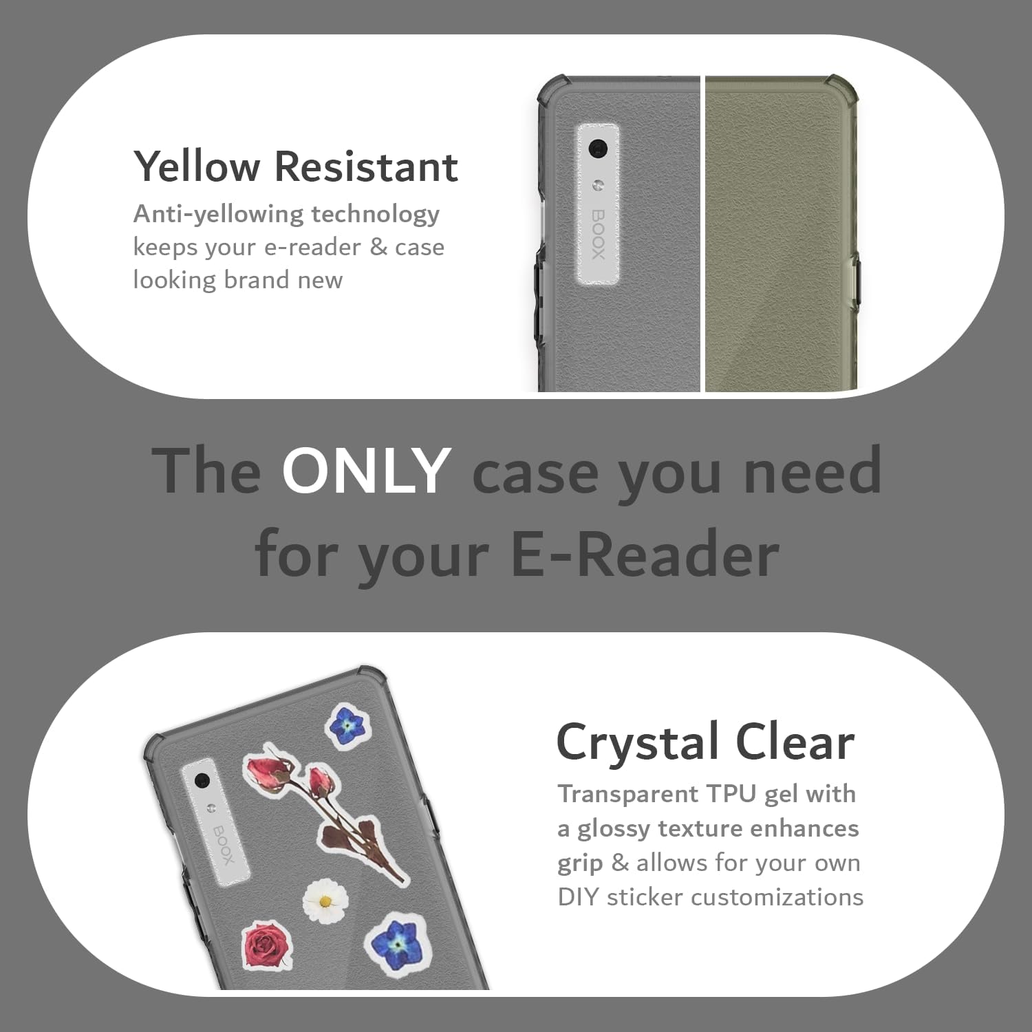 Yellow Resistant  
Anti-yellowing technology keeps your e-reader & case looking brand new  

The ONLY case you need for your E-Reader  

Crystal Clear  
Transparent TPU gel with a glossy texture enhances grip & allows for your own DIY sticker customizations
