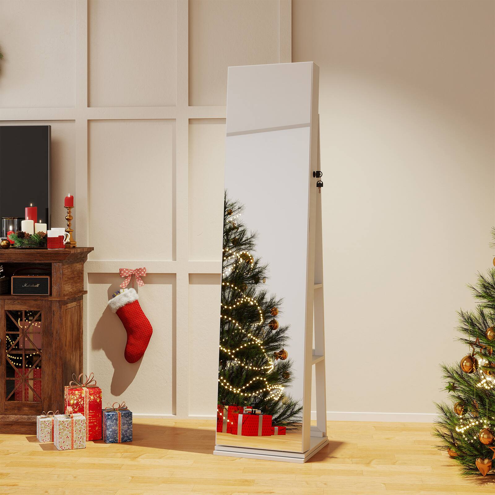 Alt View 4. Gymax - Gymax 360 degree Swivel Jewelry Cabinet w/Full Length Mirror Back Shelves Lights for Bedroom White - White.