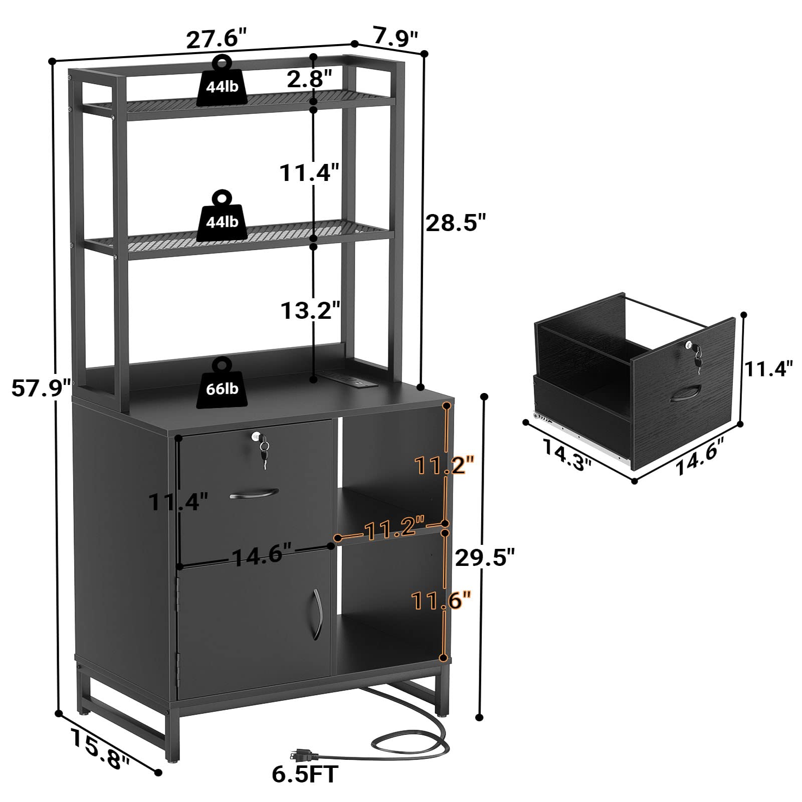 - 27.6" (width)
- 7.9" (depth)
- 2.8" (shelf height)
- 11.4" (shelf height)
- 13.2" (shelf height)
- 57.9" (height)
- 28.5" (depth)
- 66lb (weight capacity)
- 11.4" (drawer height)
- 11.4" (drawer height)
- 14.6" (drawer height)
- 11.2" (drawer height)
- 14.3" (drawer height)
- 11.2" (drawer height)
- 14.6" (drawer height)
- 15.8" (base height)
- 6.5FT (length)
- 11.4" (basket width)
- 11.2" (basket height)
- 14.3" (basket height)
- 14.6" (basket height)
- 29.5" (basket height)
- 11.6" (basket height)