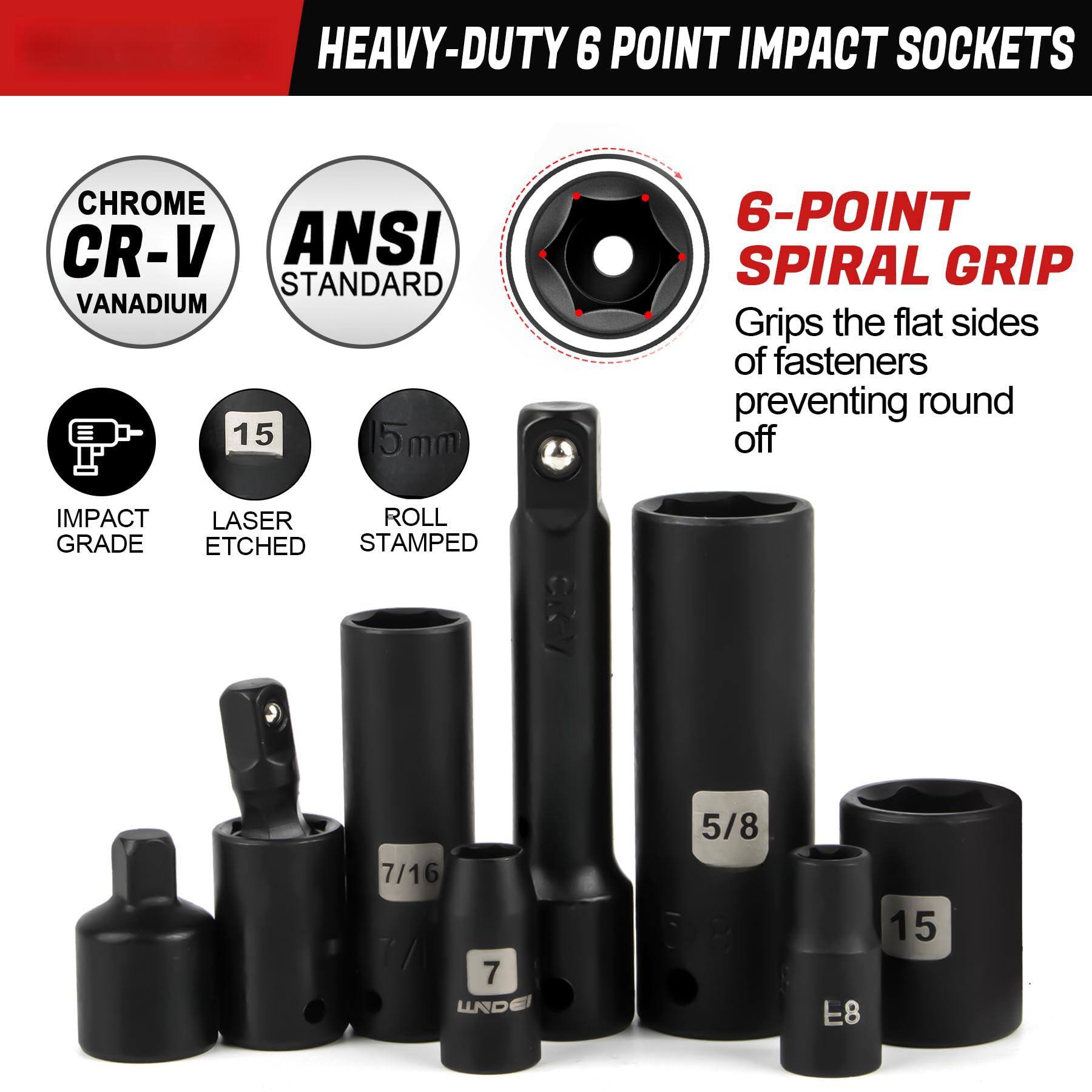 HEAVY-DUTY 6 POINT IMPACT SOCKETS

CHROME CR-V VANADIUM  
ANSI STANDARD

6-POINT SPIRAL GRIP  
Grips the flat sides of fasteners preventing round off

IMPACT GRADE  
LASER ETCHED  
ROLL STAMPED

15  
5mm

7/16  
7  
5/8  
E8  
15