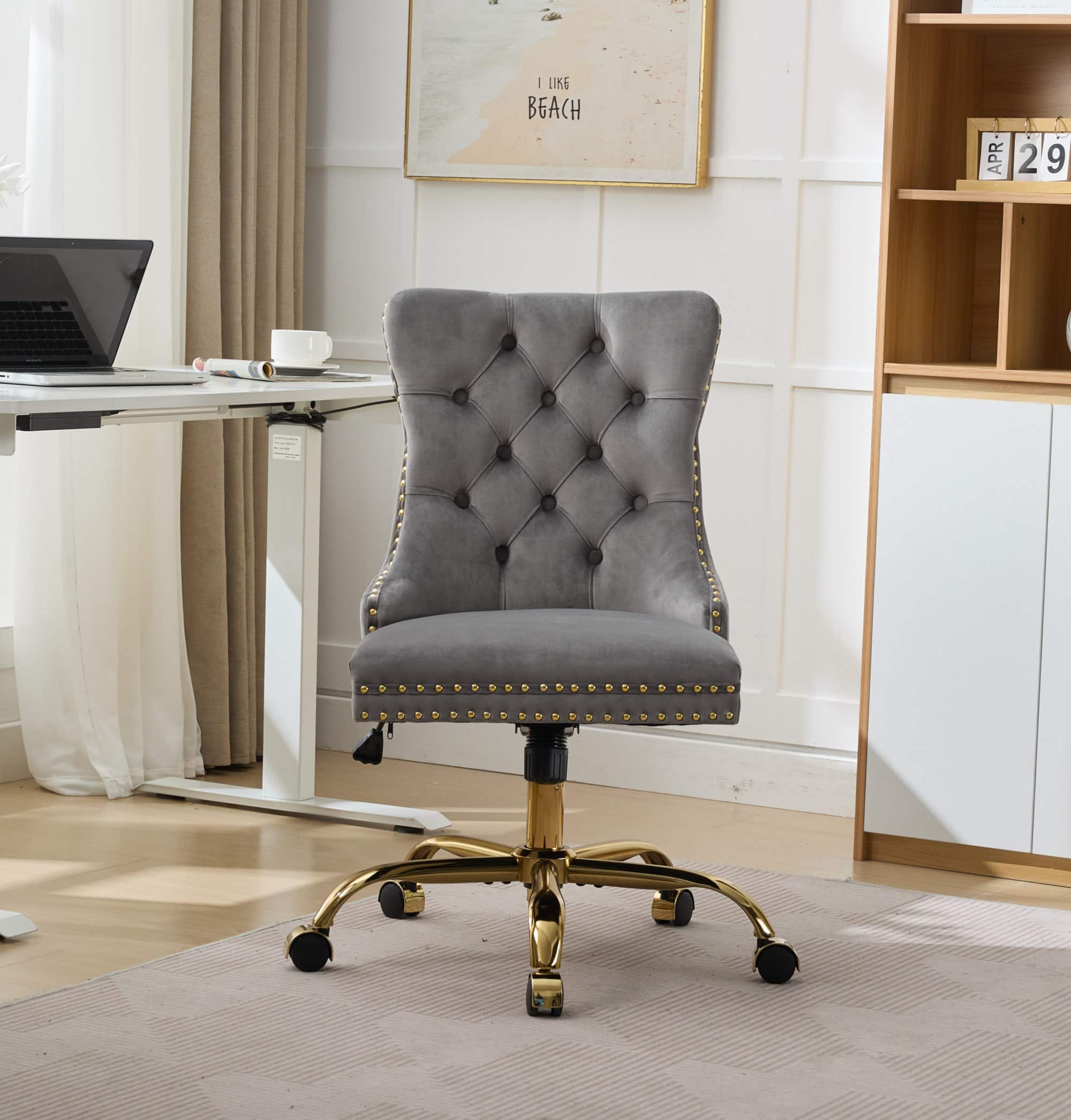 PexFix - Modern Office Chair, Tufted Velvet Upholstery, Adjustable Height & Swivel with Chrome Base, for Home Office - Gray