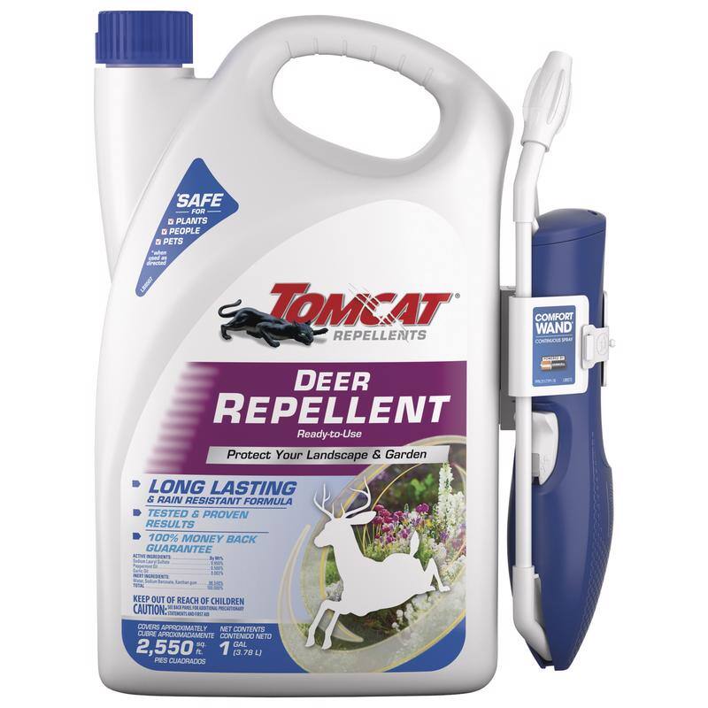SAFE FOR  
- PLANTS  
- PEOPLE  
- PETS  

TOMCAT  
REPELLENTS  

DEER REPELLENT  
Ready-to-Use  
Protect Your Landscape & Garden  

LONG LASTING & RAIN RESISTANT FORMULA  
TESTED & PROVEN RESULTS  
100% MONEY BACK GUARANTEE  

KEEP OUT OF REACH OF CHILDREN  

CAUTION:  

COVERS APPROXIMATELY  
2,550 SQ FT  

NET CONTENTS  
1 GAL (3.78 L)  

COMFORT WAND  
CONTRACT SPRAY  

ACTIVE INGREDIENTS  
M% niers  

CUBRE APROXIMADAMENTE  
CONTENIDO NETO