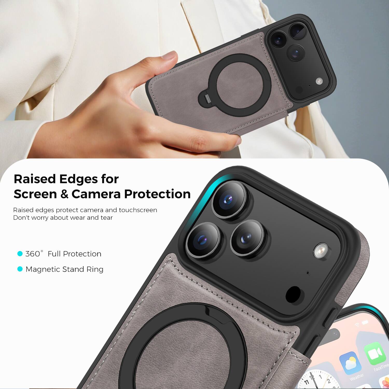 Raised Edges for Screen & Camera Protection  
Raised edges protect camera and touchscreen  
Don't worry about wear and tear  

360° Full Protection  
Magnetic Stand Ring