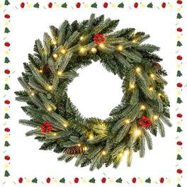 Gymax - 24'' Pre-lit Christmas Wreath Front Door Artificial Xmas Wreath w/ Red Berries - Green