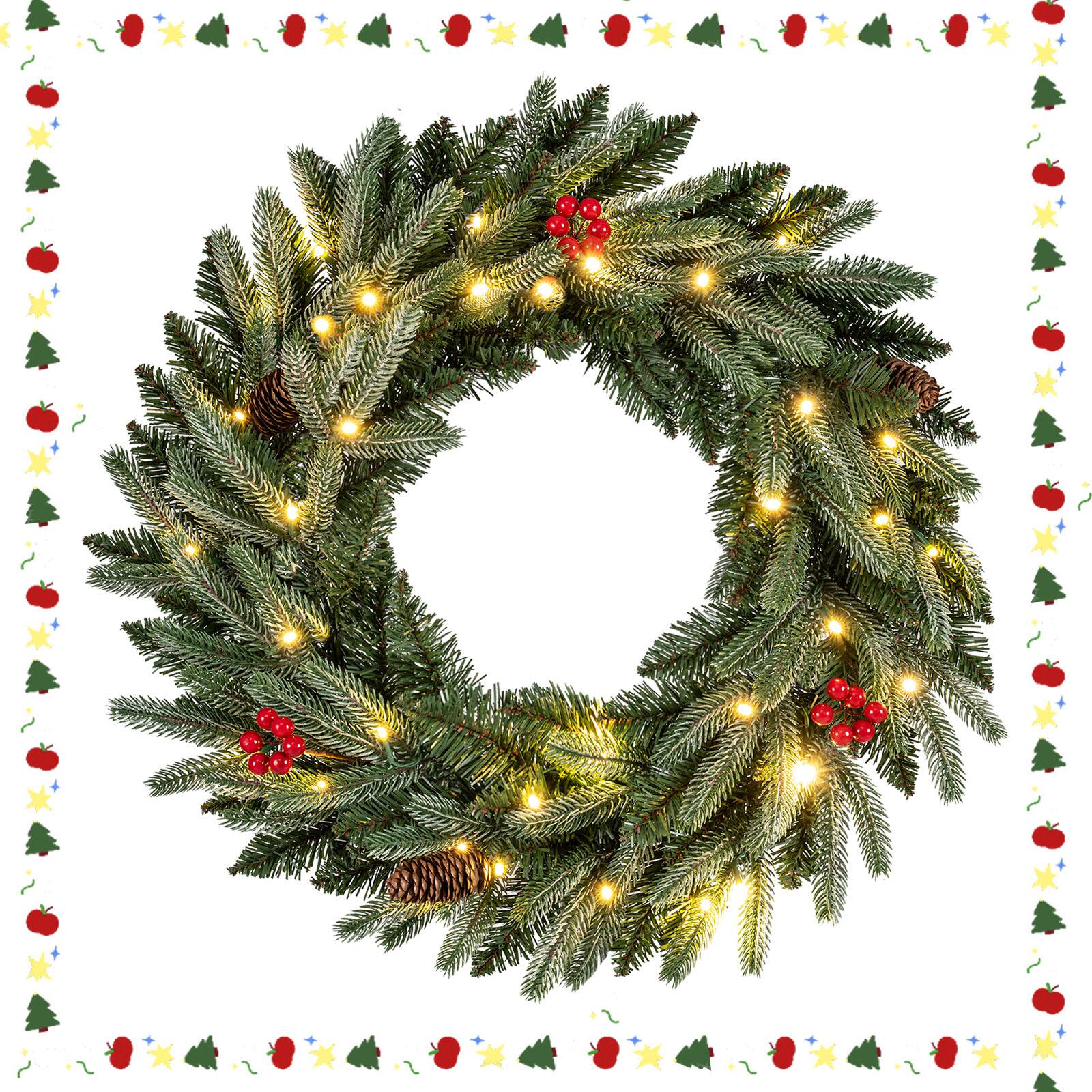 Alt View 9. Gymax - Gymax 2PCS 24'' Pre-lit Christmas Wreath Front Door Artificial Xmas Wreath w/Red Berries Green - Green.