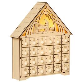 Homcom - Christmas Advent Calendar, Light Up Manger Scene Tabletop Xmas Wooden House Holiday Decoration with Countdown Drawer - Brown