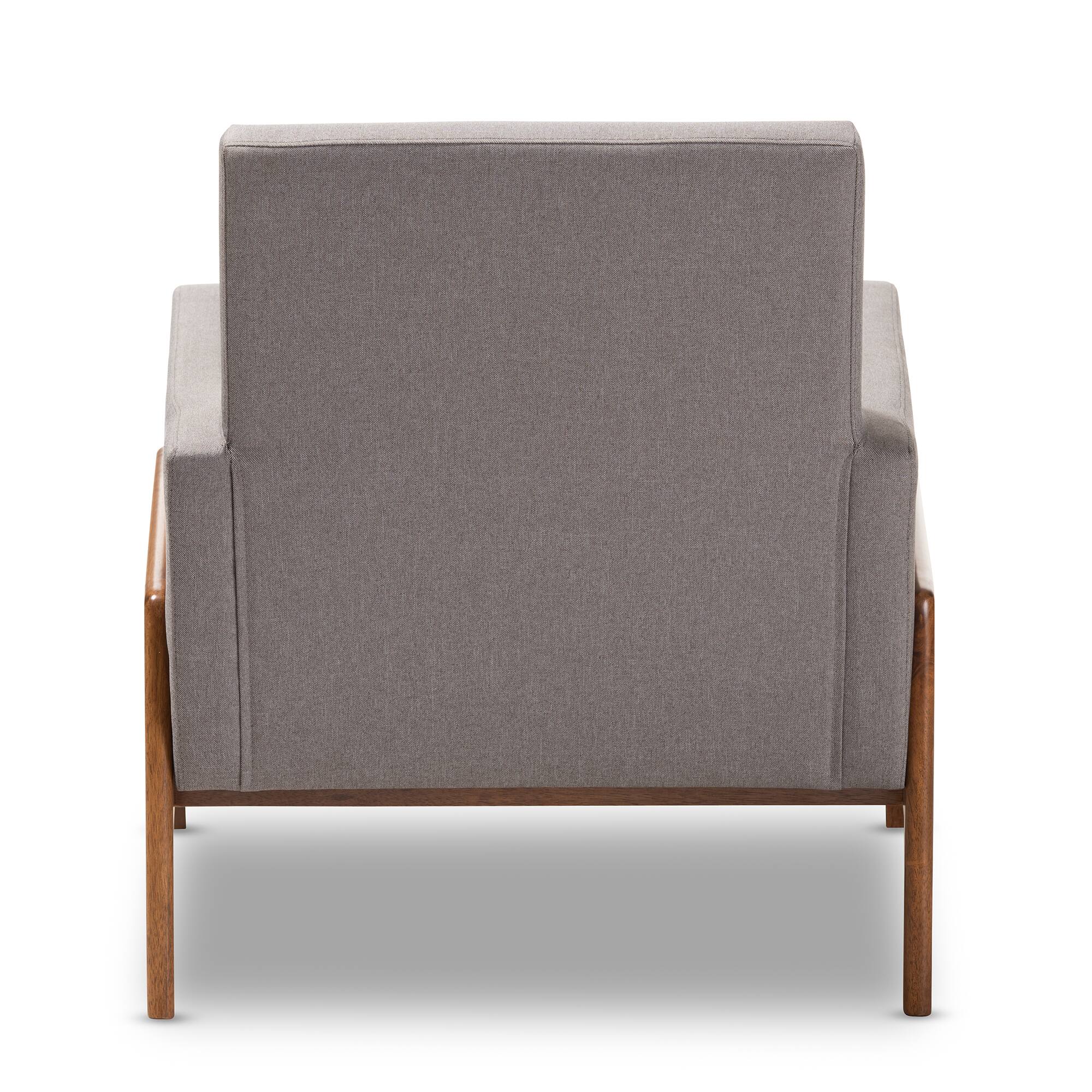 Back. Baxton Studio - Perris Mid-Century Modern Fabric Upholstered Walnut Wood Lounge Chair - Grey.