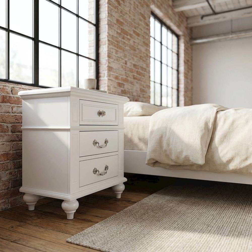 Left. FurniFact - Elegant White Nightstand with Three Drawers for Bedroom Storage - White.