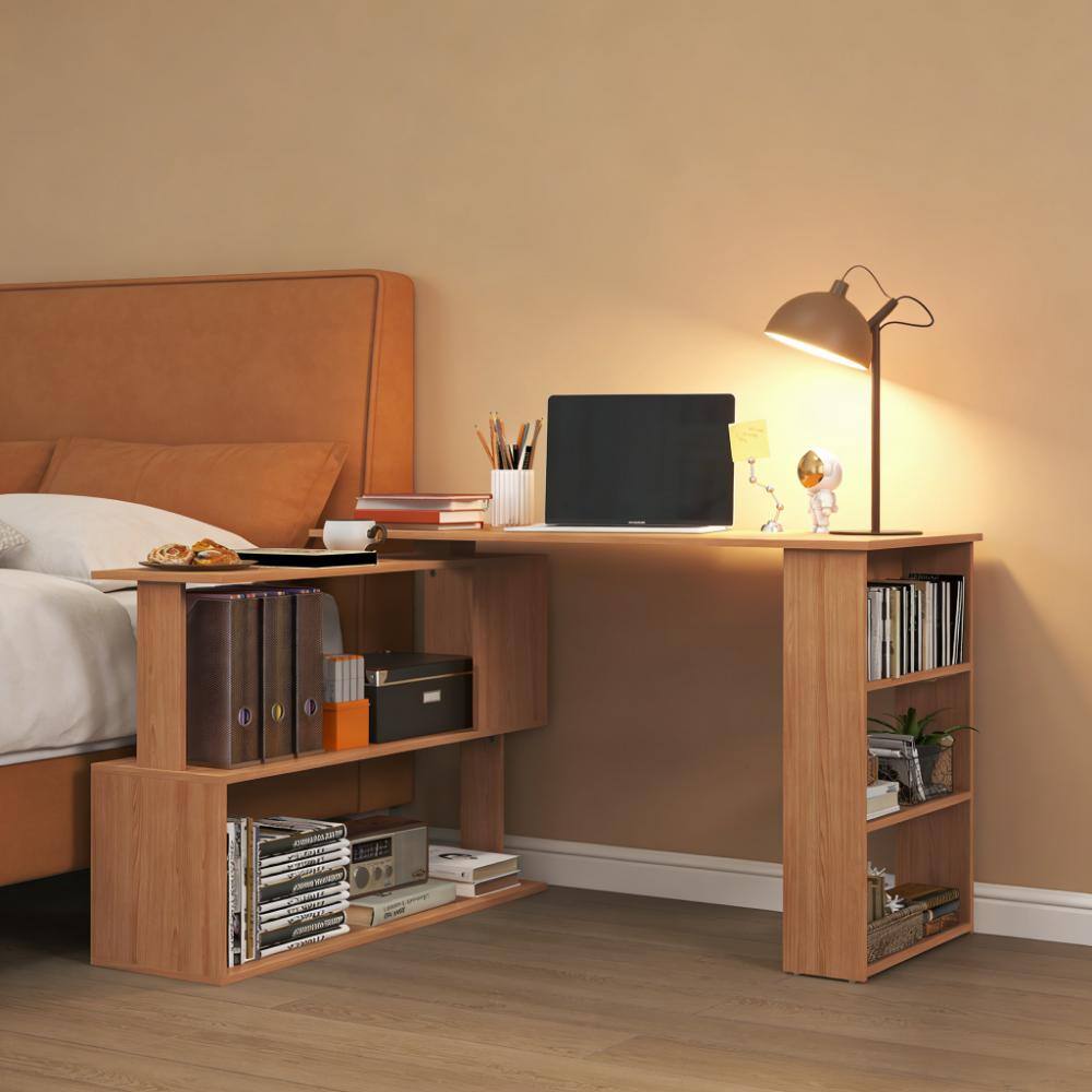 Angle. Anysun - Modern Minimalist Rotating Design Wooden Laminated Corner Computer Desk with Shelf and Side Bookcase, Assembly Required - Teak.