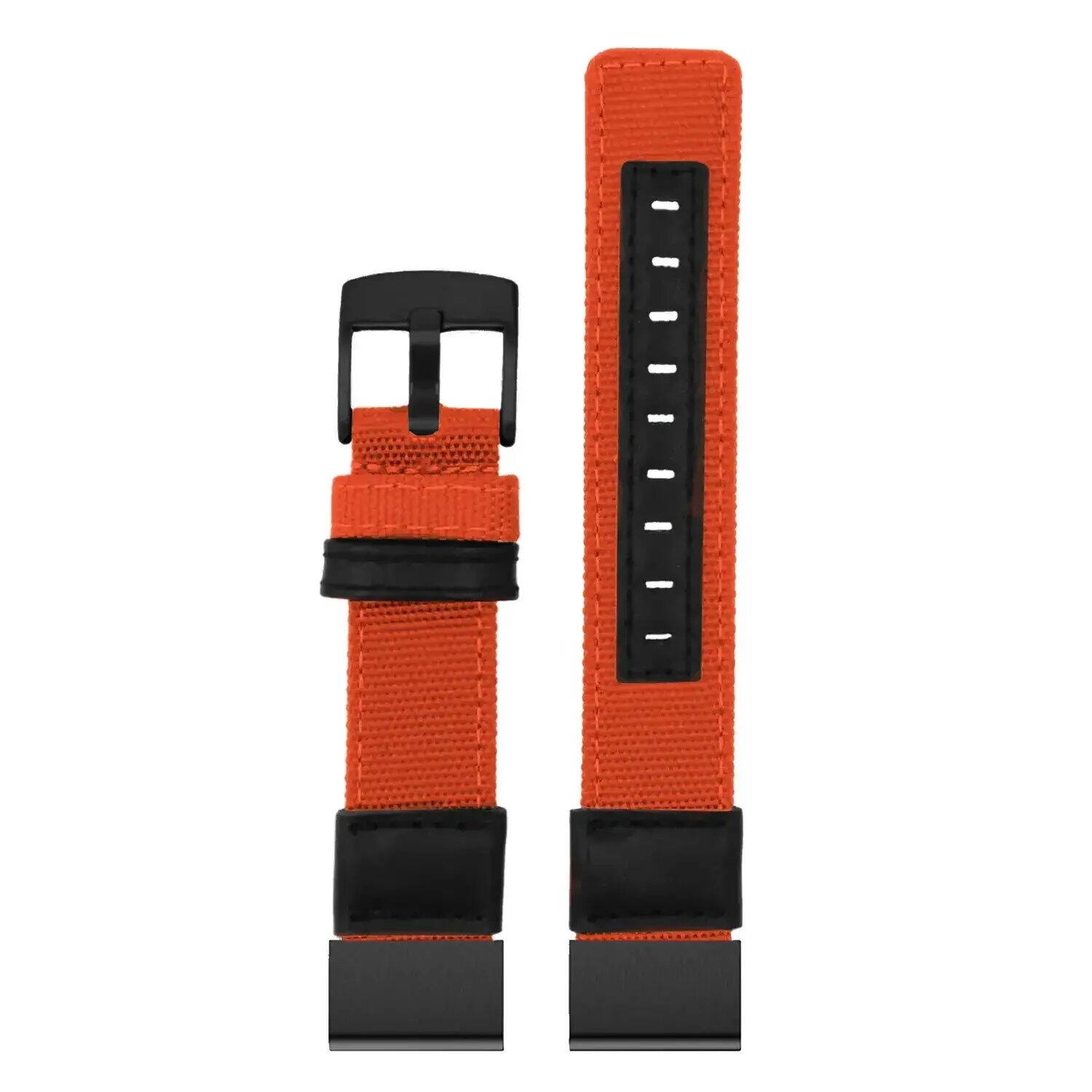 Left. StrapsCo - Rugged Canvas Band QuickFit 26 Watch Strap For Garmin D2 Mach 2 – 51mm (Extra Extra Long) - Orange.