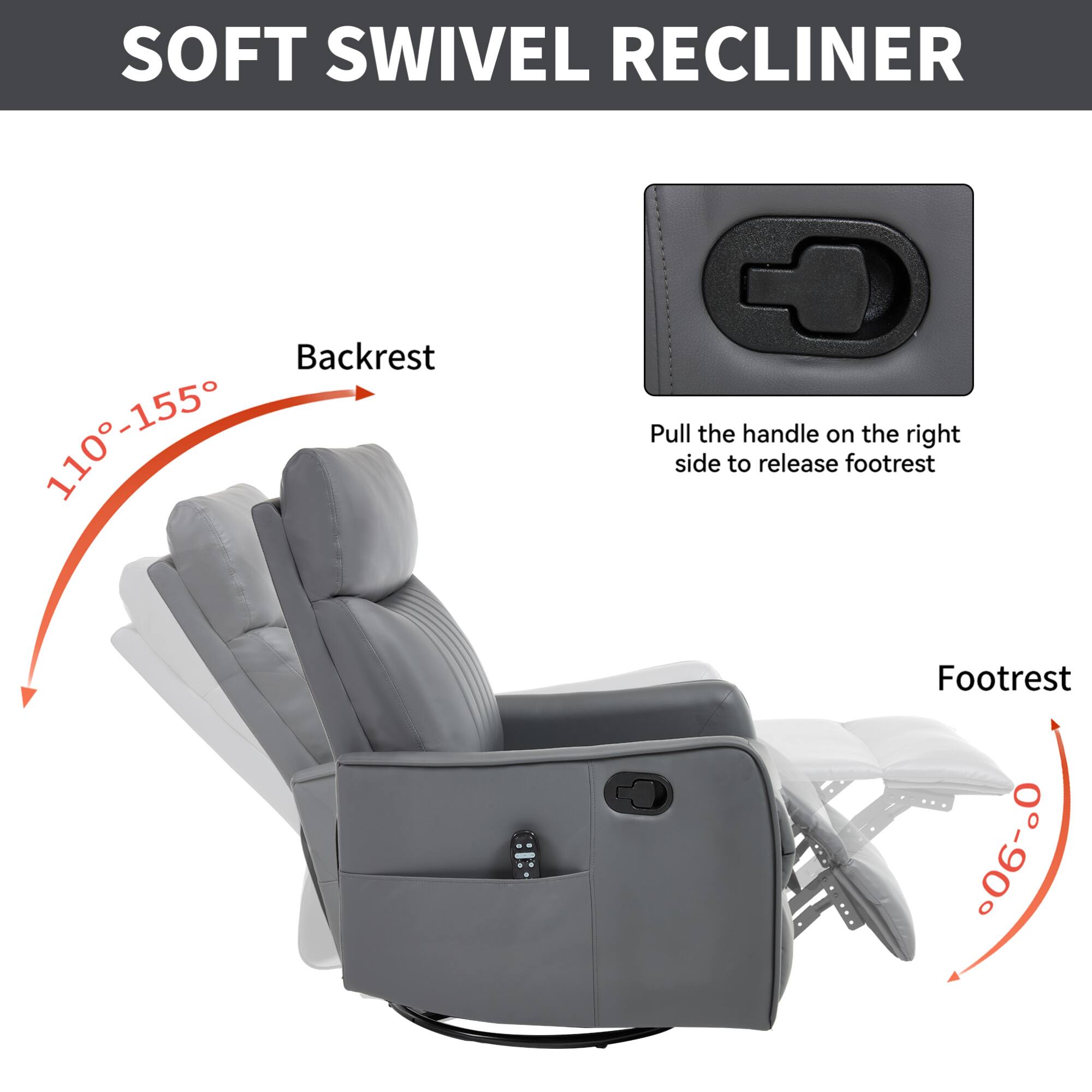 SOFT SWIVEL RECLINER

Backrest: 110°-155°

Footrest: 0°-90°

Pull the handle on the right side to release footrest