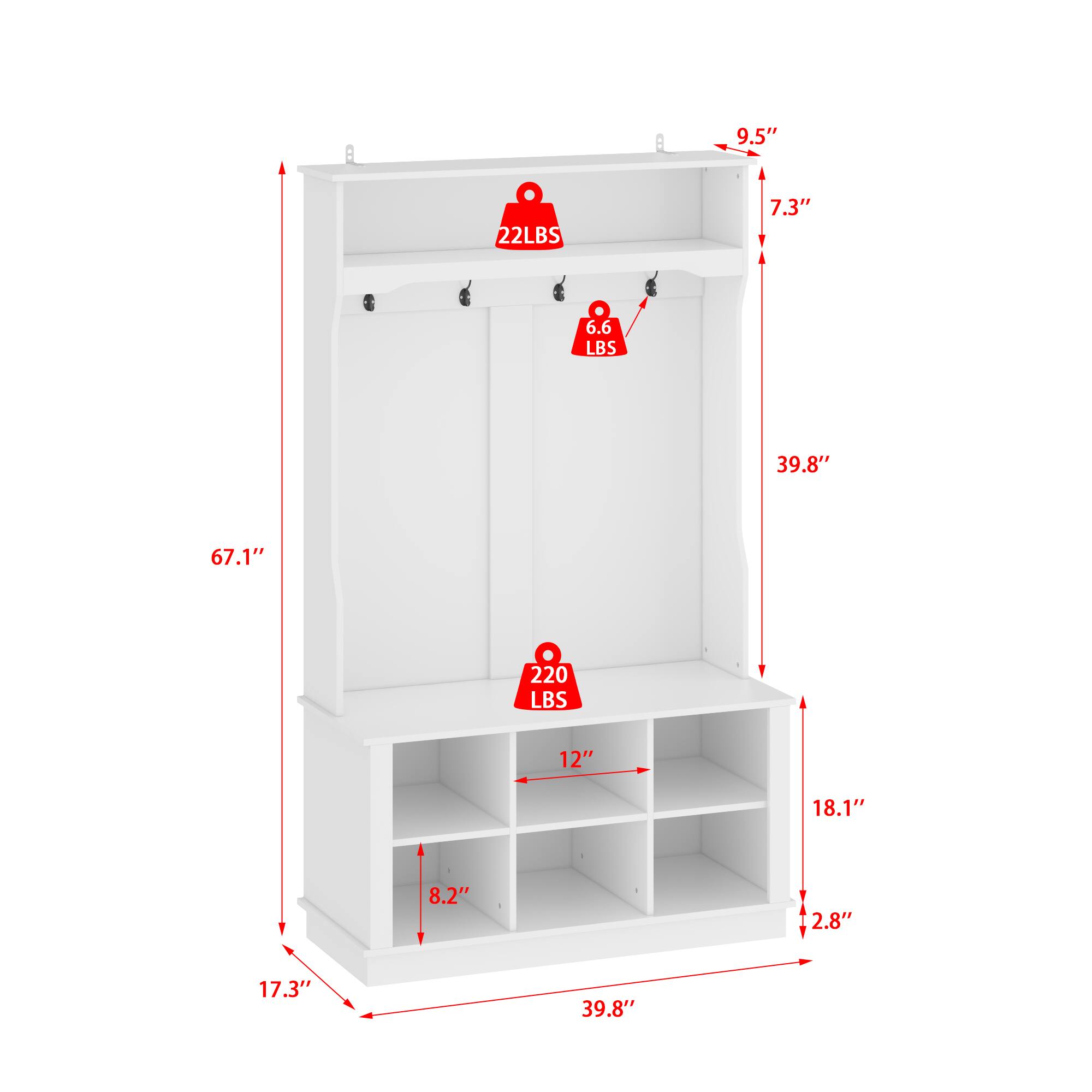 9.5"  
7.3"  
6.6 LBS  
39.8"  
67.1"  
220 LBS  
12"  
18.1"  
8.2"  
2.8"  
17.3"  
39.8"