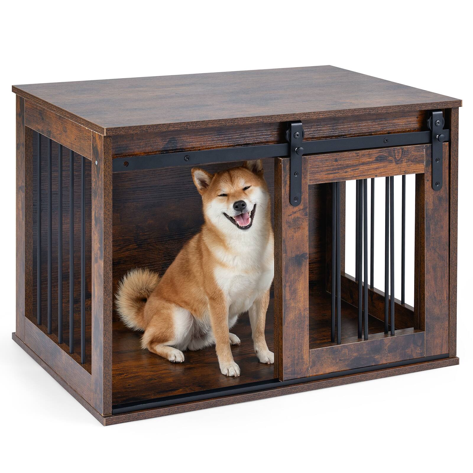 Alt View 9. Gymax - Gymax Dog Crate Furniture 31.5'' Heavy Duty Dog Kennel w/Sliding Barn Door Metal Frame Rustic Brown.