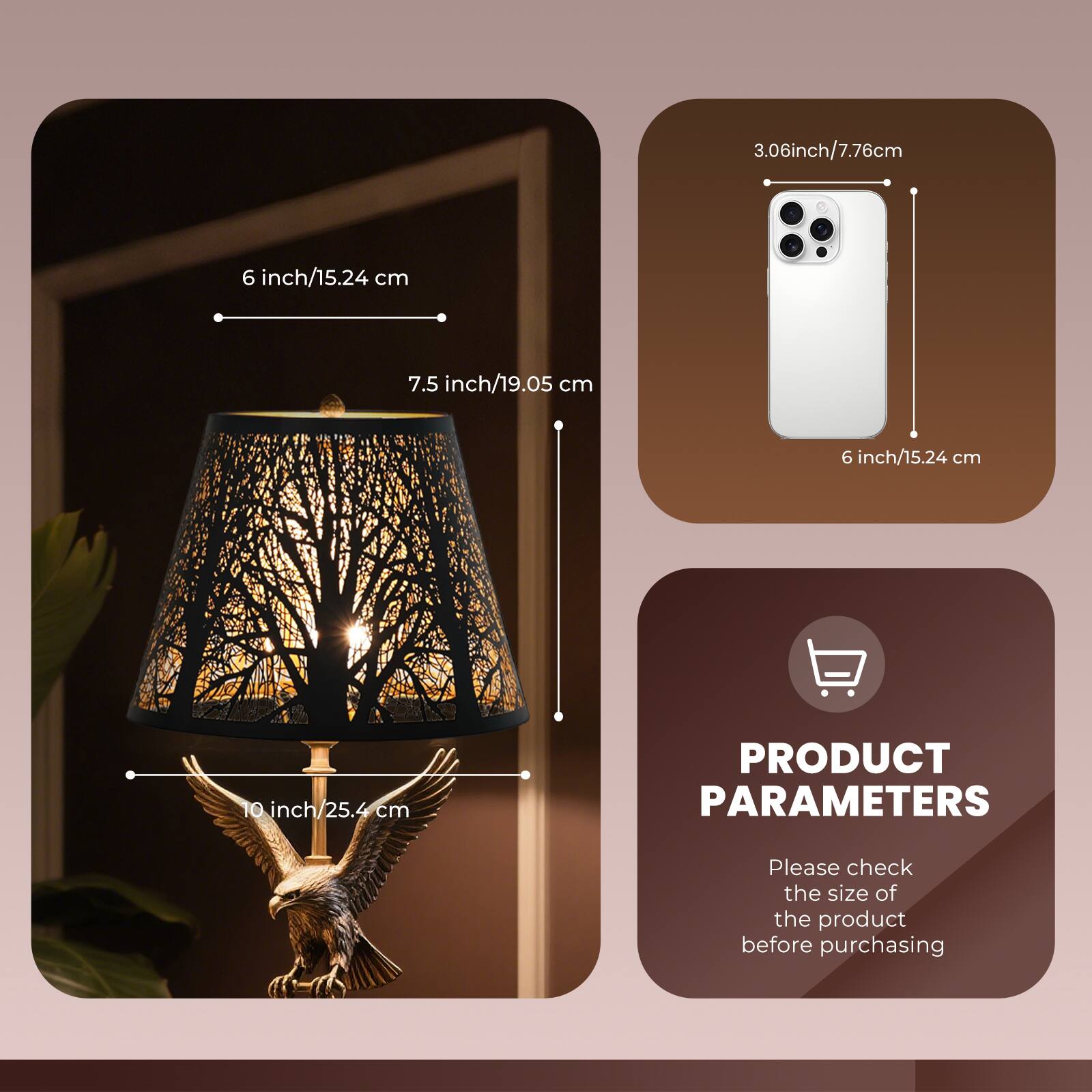 3.06inch/7.76cm, 6 inch/15.24 cm, 7.5 inch/19.05 cm, 6 inch/15.24 cm, 10 inch/25.4 cm, PRODUCT PARAMETERS, Please check the size of the product before purchasing