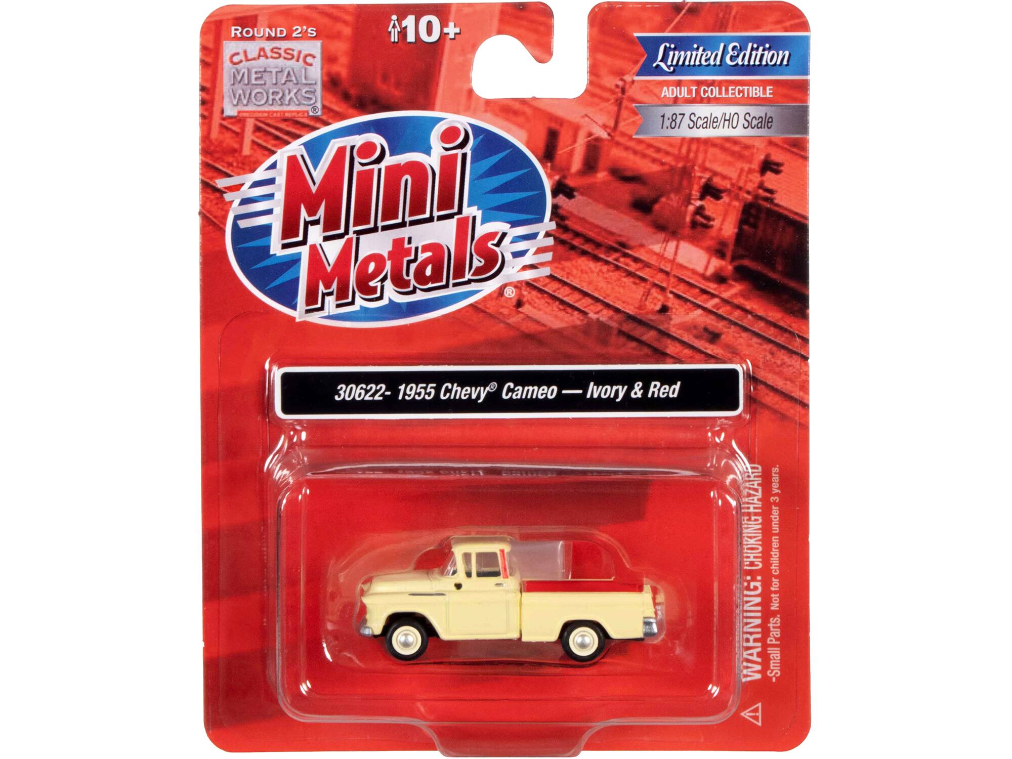ROUND 2's 10+ CLASSIC Limited Edition METAL WORKS ADULT COLLECTIBLE  
A. 1:87 Scale/HO Scale Mini Metals  
30622- 1955 Chevy Cameo - Ivory & Red  
WARNING: Small Parts. Not for children under 3 years.