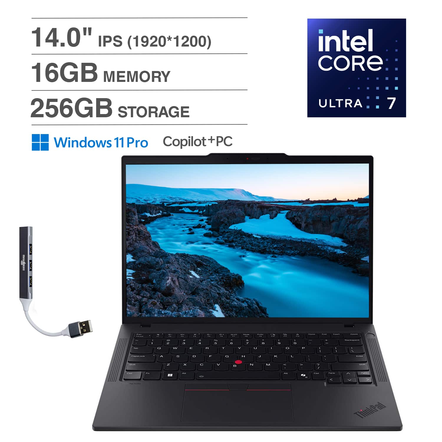Lenovo - ThinkPad T14 Laptop 14.0 WUXGA (Intel Ultra 7-255U, 16GB DDR5, 256GB PCIe SSD, Win 11 Pro) w/USB Hub - Black