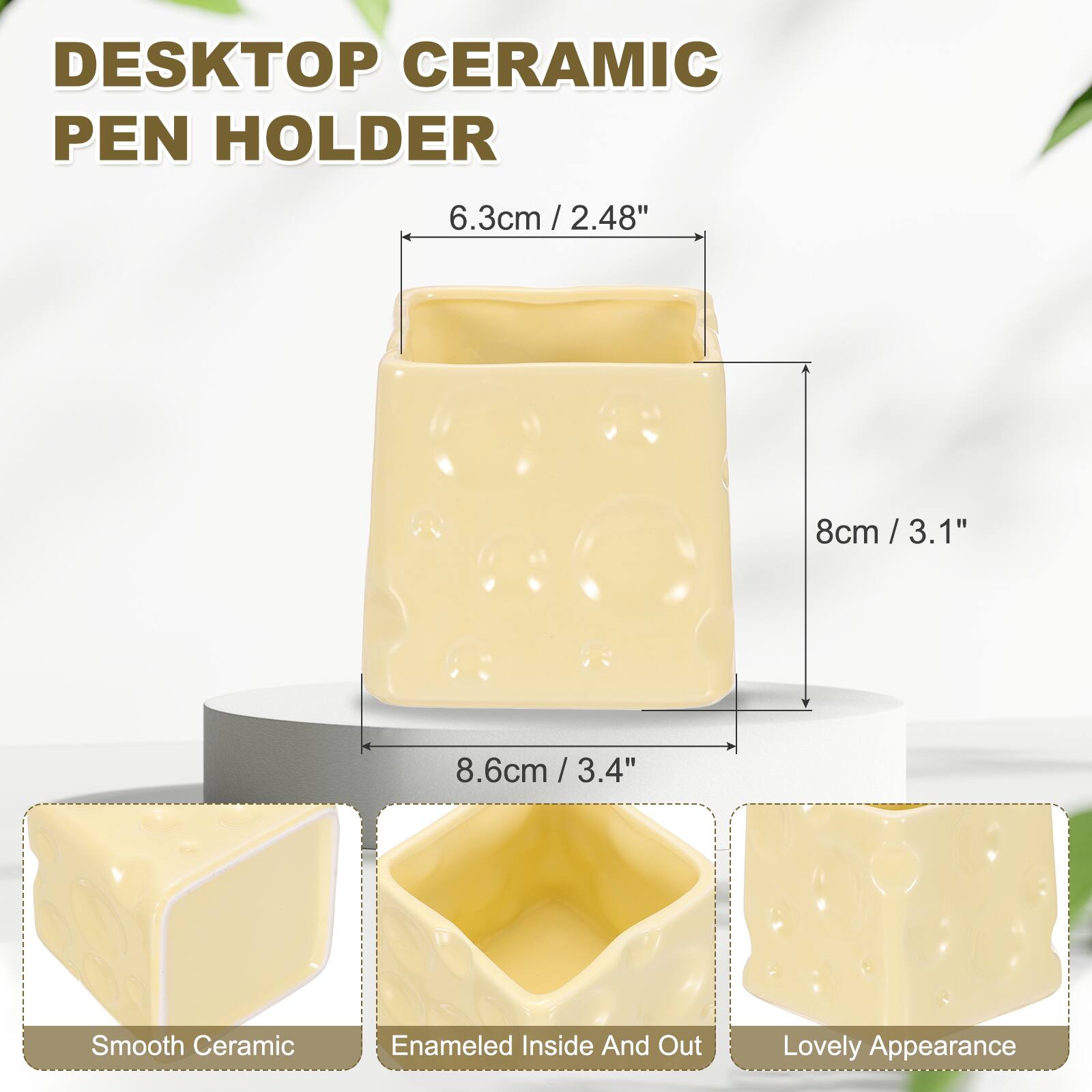 DESKTOP CERAMIC PEN HOLDER

6.3cm / 2.48"  
8cm / 3.1"  
8.6cm / 3.4"  

Smooth Ceramic  
Enamelled Inside And Out  
Lovely Appearance