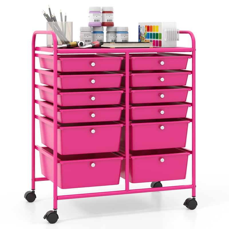 WELLFOR - 12 Drawer Rolling Storage Cart, Drawer Organizer with Wheels, Scrapbook Paper Office School Organizer - Rose Red