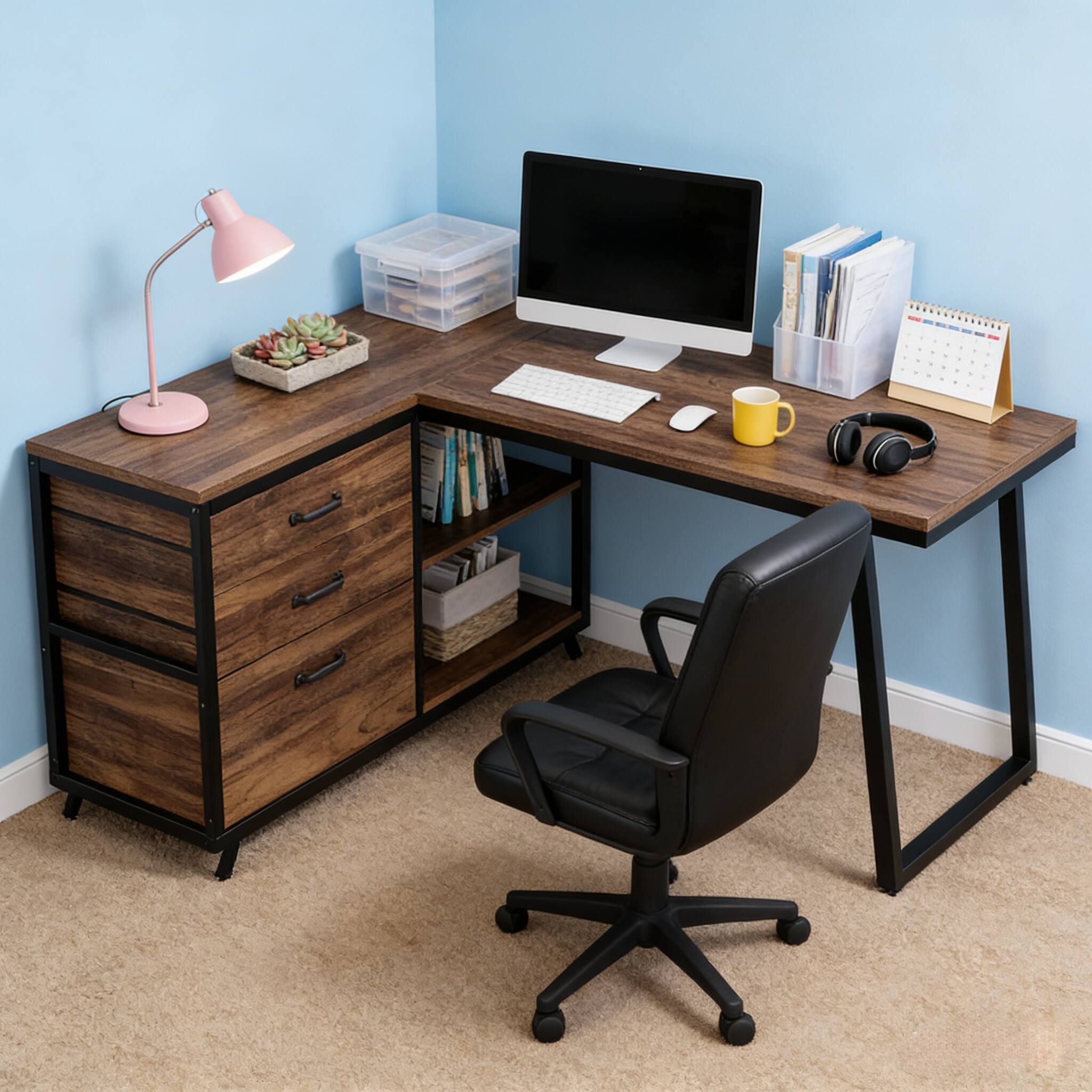 Alt View 1. Forest'nSky - L-Shaped Computer Desk with 3 Drawers, File Storage & Wood/Metal Design,Rustic Brown - Rustic Brown.