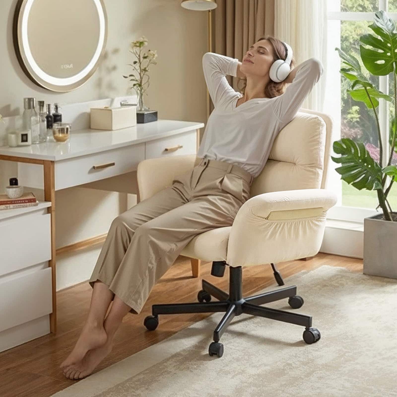 Alt View 3. Bestier - Ergonomic Cross-Legged Office Chair with Flip-Up Arms, Swivel Wheels & Adjustable Backrest for Computer Office Desk - Off White Suede.