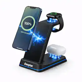 Energizer - 3-in-1 15W Qi Certified Wireless Fast 15W Charger Charging Station/Stand w/ RGB Light for iPhone + AirPods + Apple Watch - Black