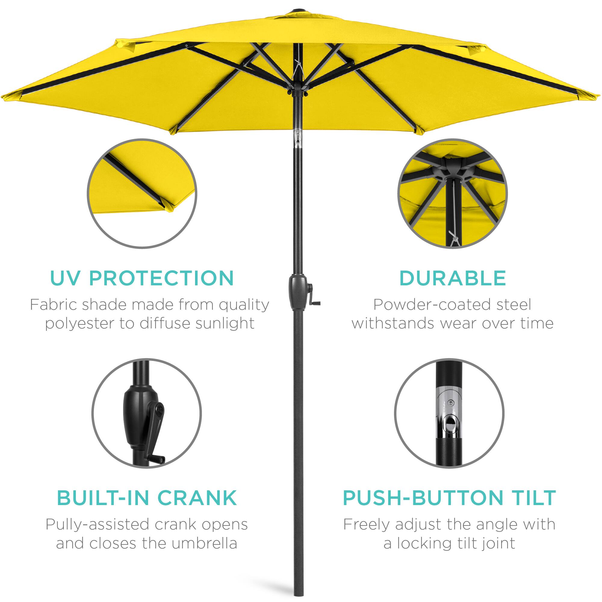 - **UV PROTECTION**  
  Fabric shade made from quality polyester to diffuse sunlight

- **DURABLE**  
  Powder-coated steel withstands wear over time

- **BUILT-IN CRANK**  
  Pulley-assisted crank opens and closes the umbrella

- **PUSH-BUTTON TILT**  
  Freely adjust the angle with a locking tilt joint