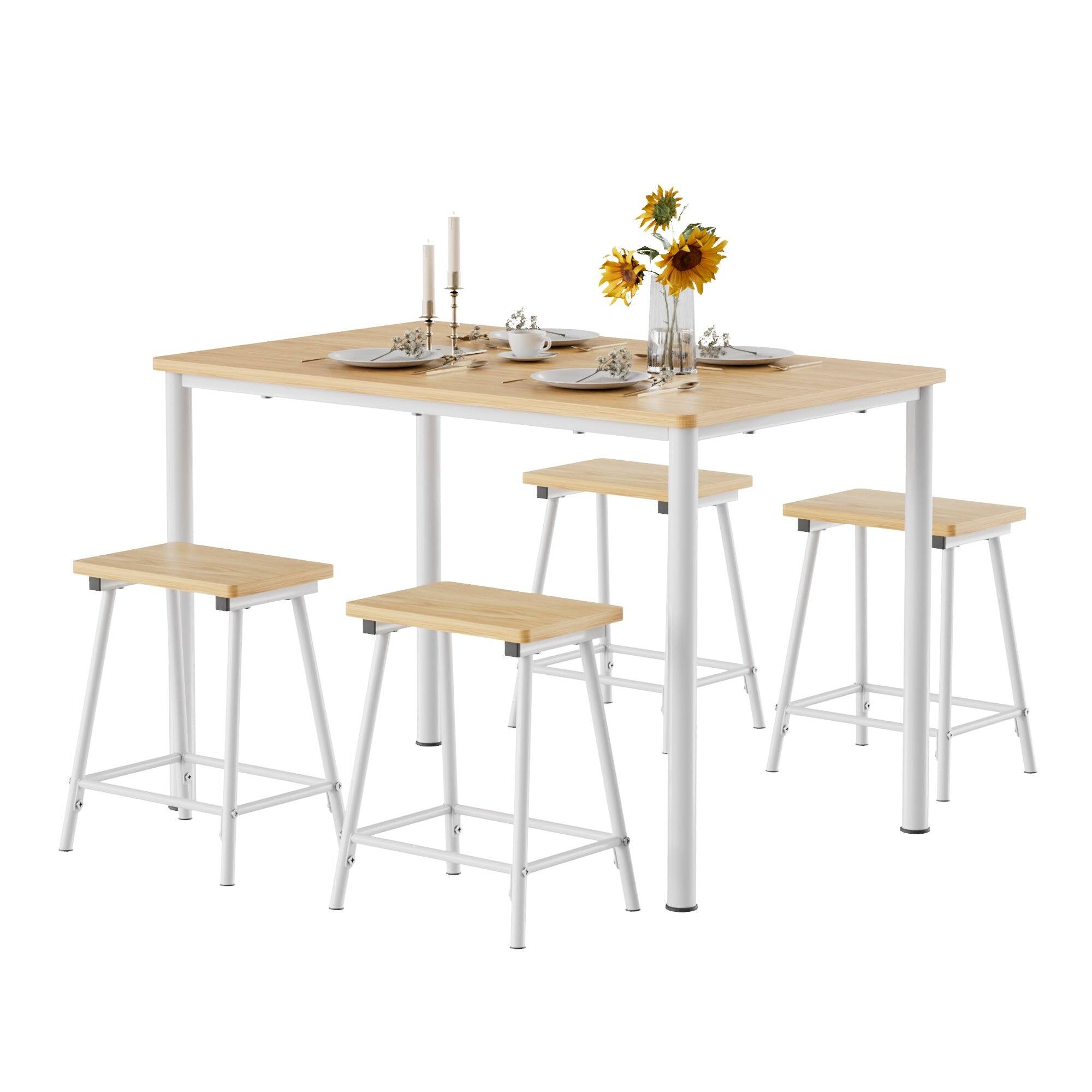 Front. Vecelo - Modern Industrial 4-Seat Dining Table Set with Space-Saving Stools, Durable Wood & Metal,Oak - Natural Oak.