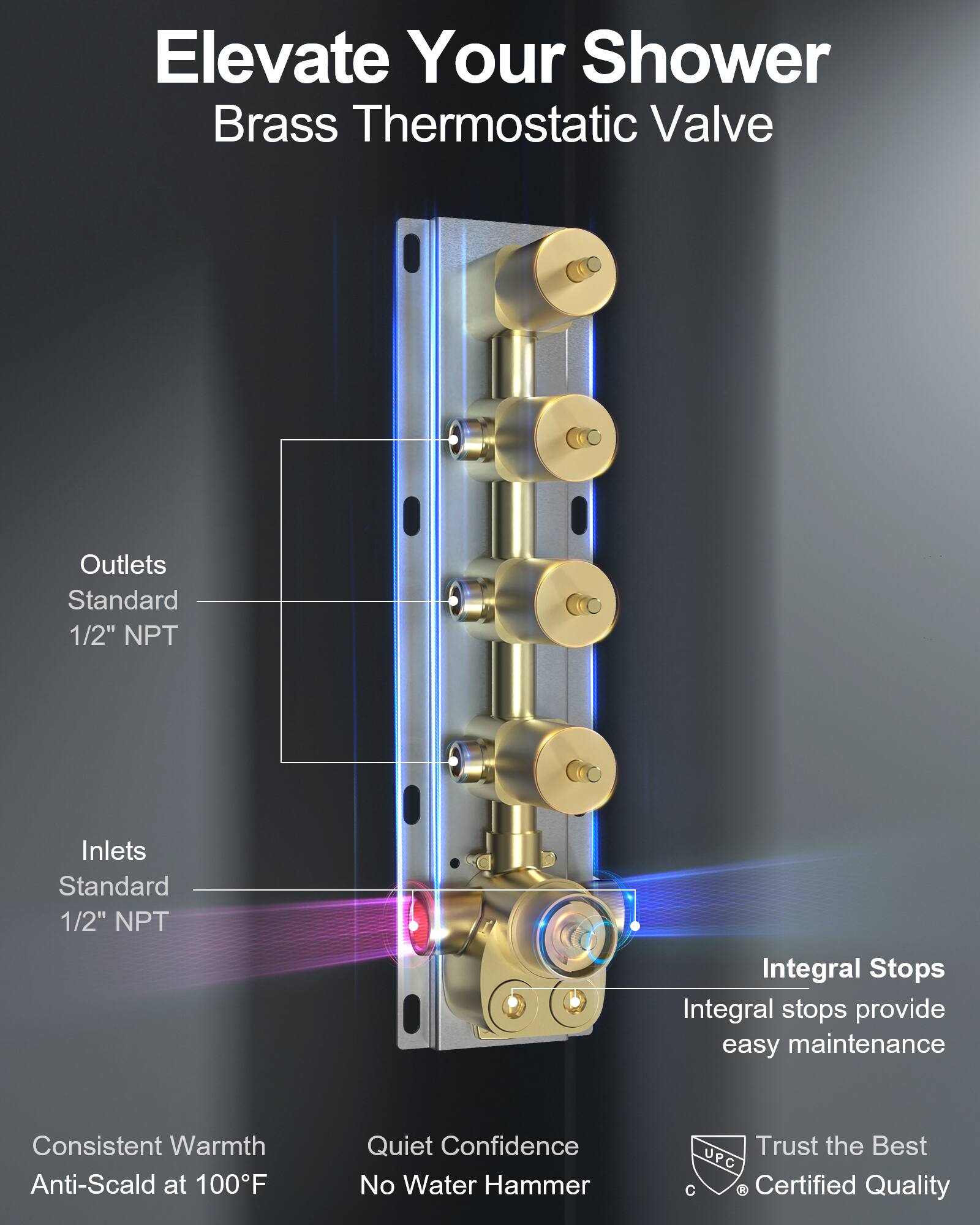Elevate Your Shower  
Brass Thermostatic Valve  

Outlets  
Standard 1/2" NPT  

Inlets  
Standard 1/2" NPT  

Integral Stops  
Integral stops provide easy maintenance  

Consistent Warmth  
Anti-Scald at 100°F  

Quiet Confidence  
No Water Hammer  

Trust the Best  
UPC R Certified Quality