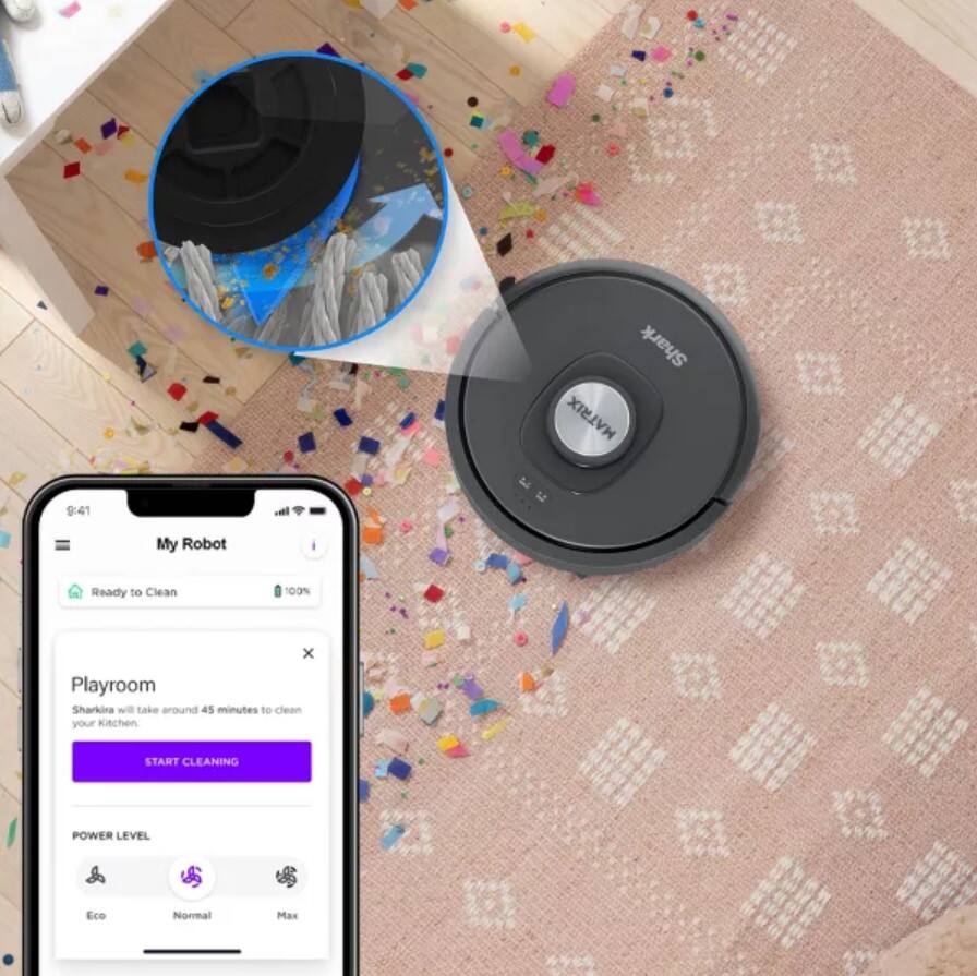 Shark MATRIX 9:41  
My Robot is Ready to Clean 100%  
Playroom  
Sharkira will take around 45 minutes to clean your Kitchen  
START CLEANING  
POWER LEVEL  
Eco Normal Max