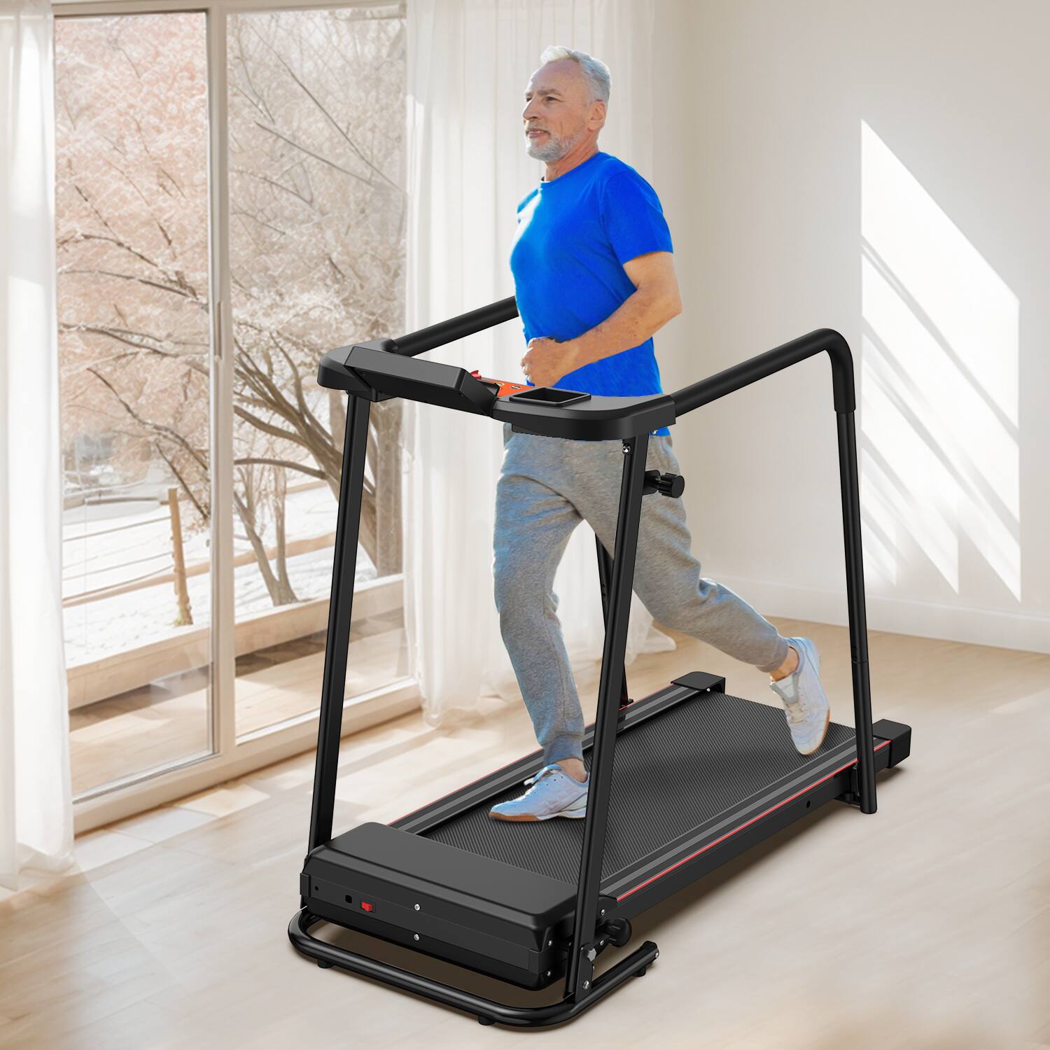 Angle. Tiramisubest - Portable Foldable Treadmill with Extended Handrails, APP Control, 300 LBS Capacity, Double Shock Absorption System - Black|Orange.