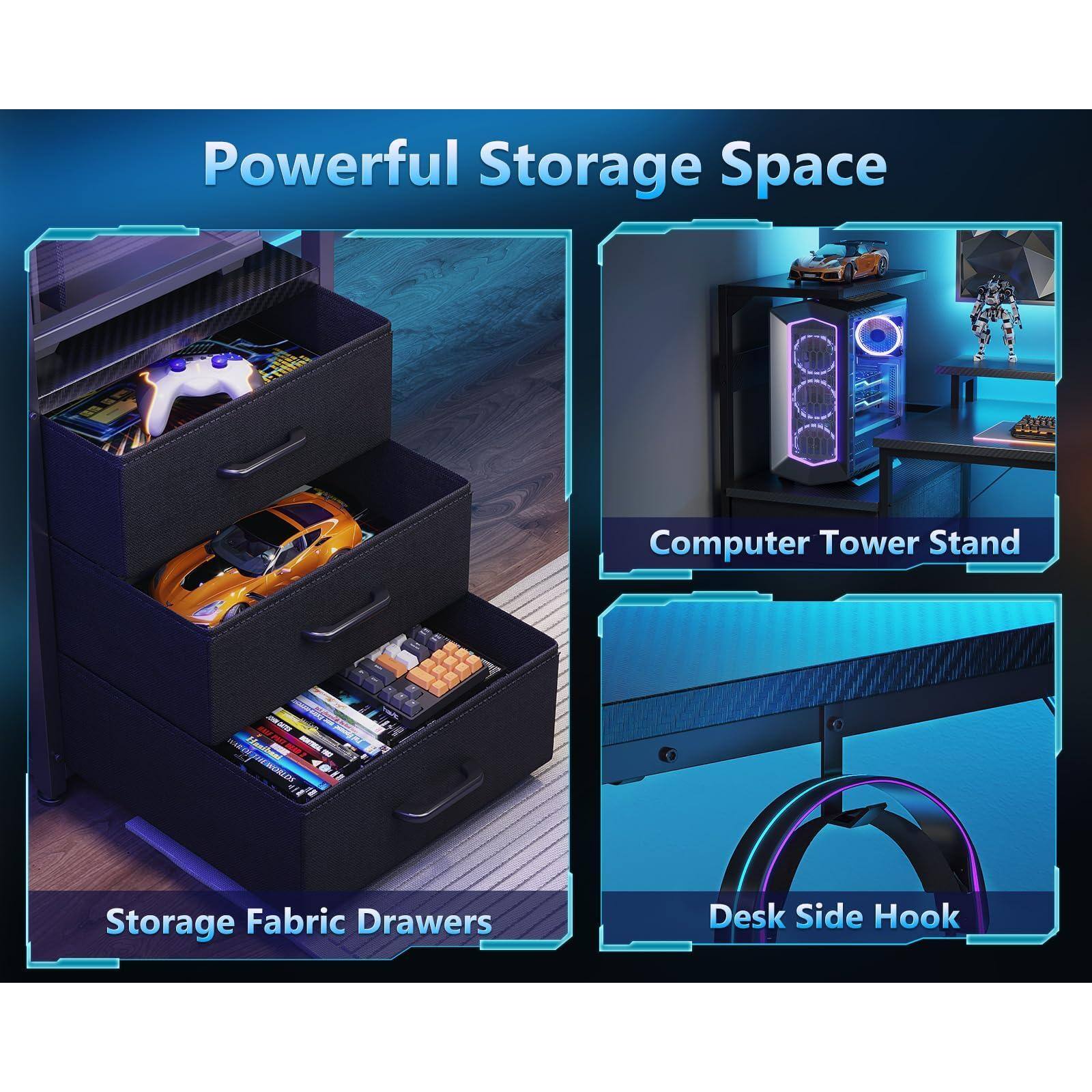 Powerful Storage Space

Storage Fabric Drawers

Computer Tower Stand

Desk Side Hook