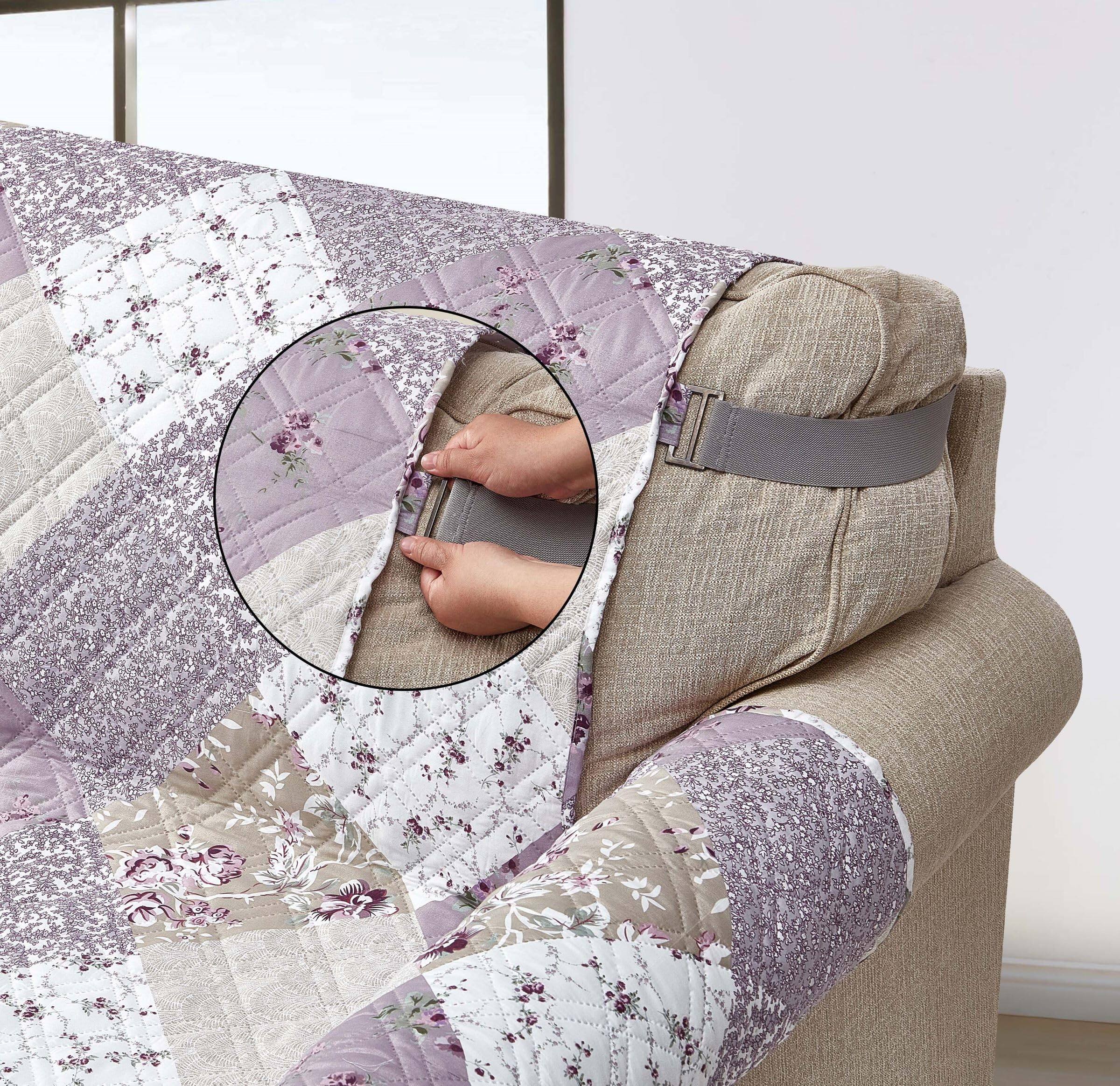 Alt View 1. Fabibe - Lilac and Beige Rose Patchwork Quilted Large Recliner Slipcover, 28" Seat Width, Slip Resistant Furniture Protector - Blue Beige 28" Large Recliner.