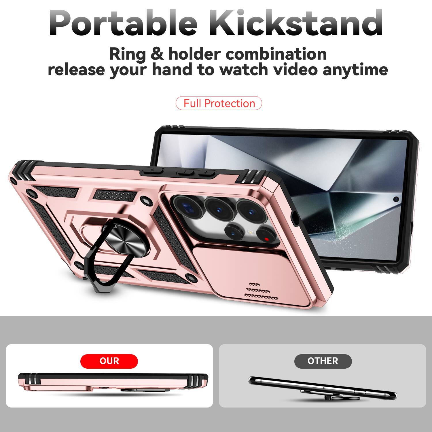 Portable Kickstand  
Ring & holder combination release your hand to watch video anytime  
Full Protection  

OUR  
OTHER