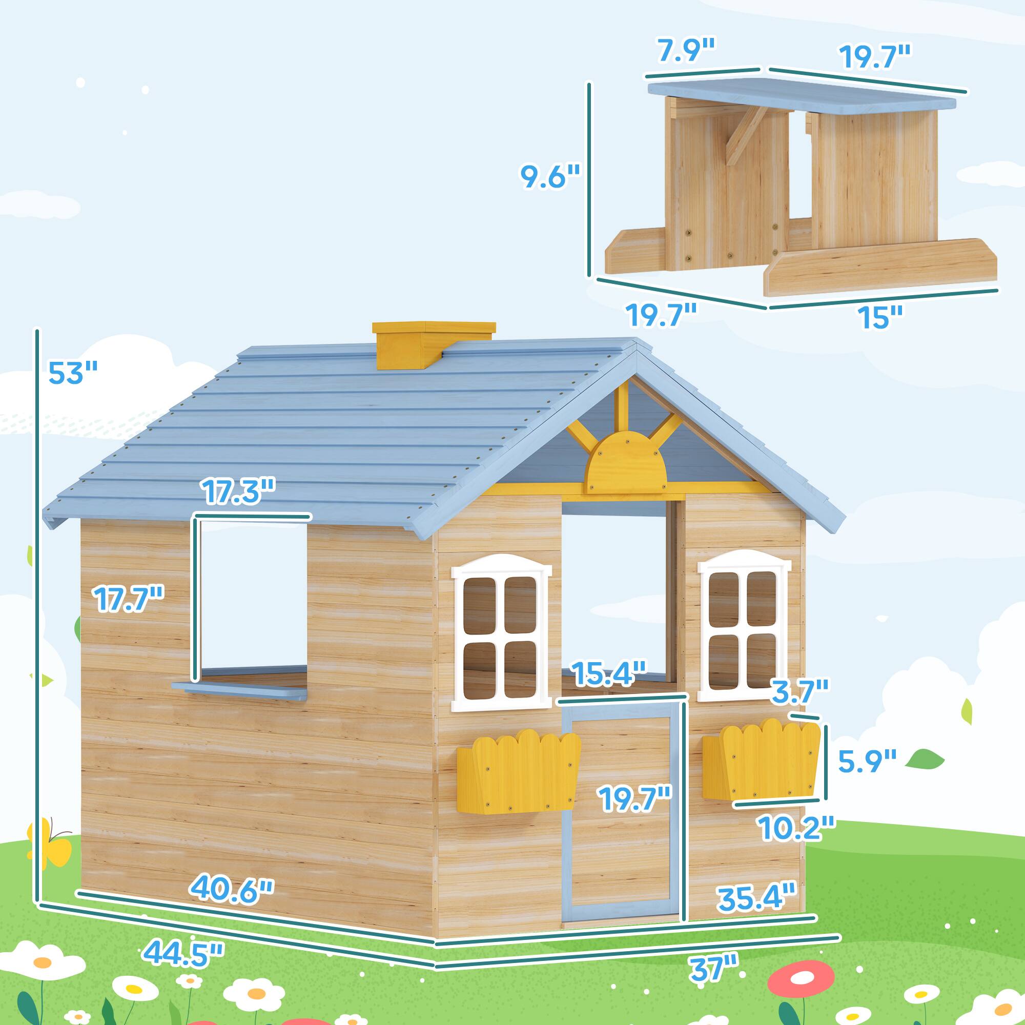 Left. Outsunny - Wooden Playhouse for Kids Outdoor Garden Pretend Play Games, Adventures Cottage, with Working Door, Windows, Bench.