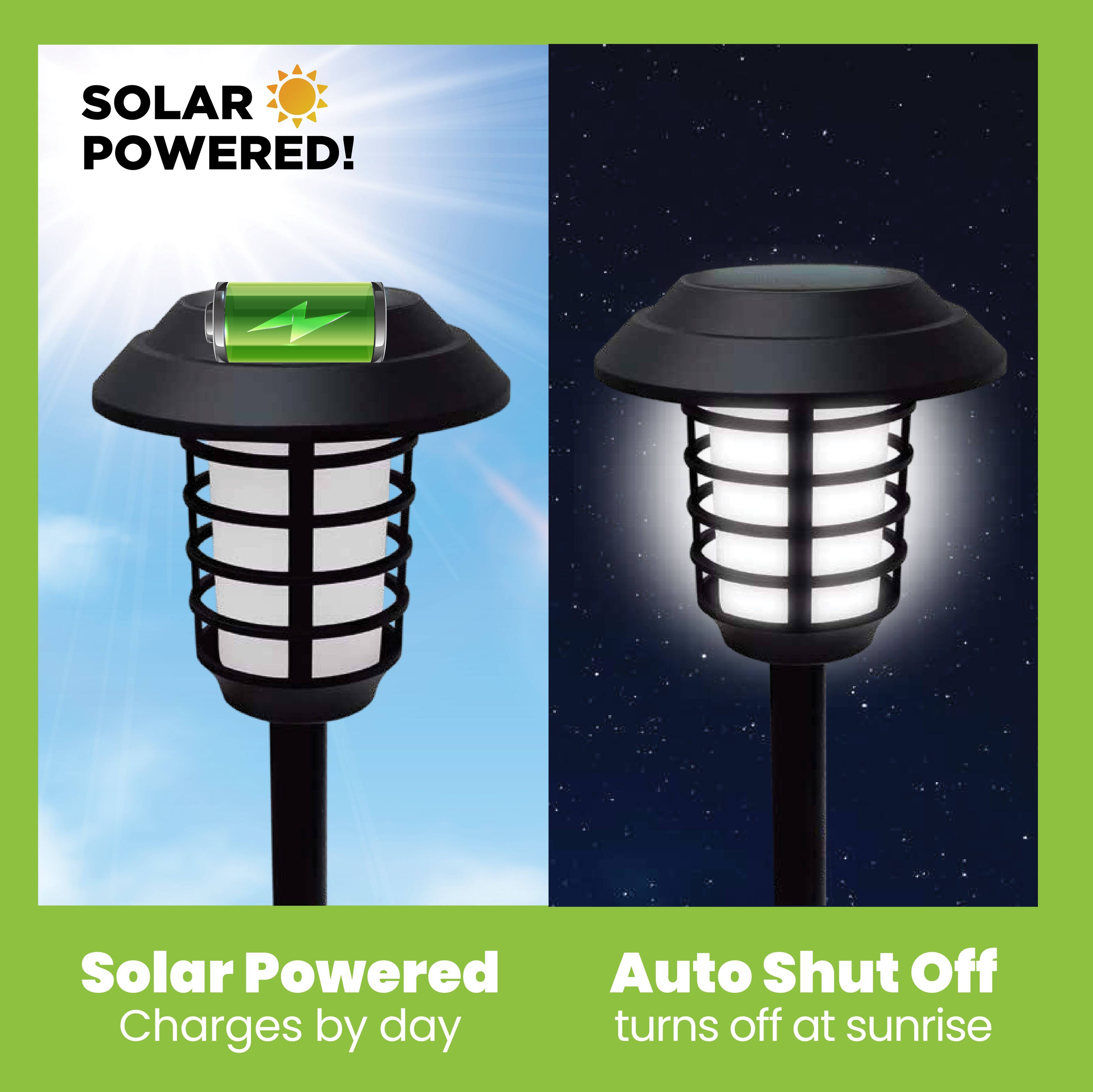 SOLAR POWERED!  
Solar Powered  
Charges by day  

Auto Shut Off  
turns off at sunrise