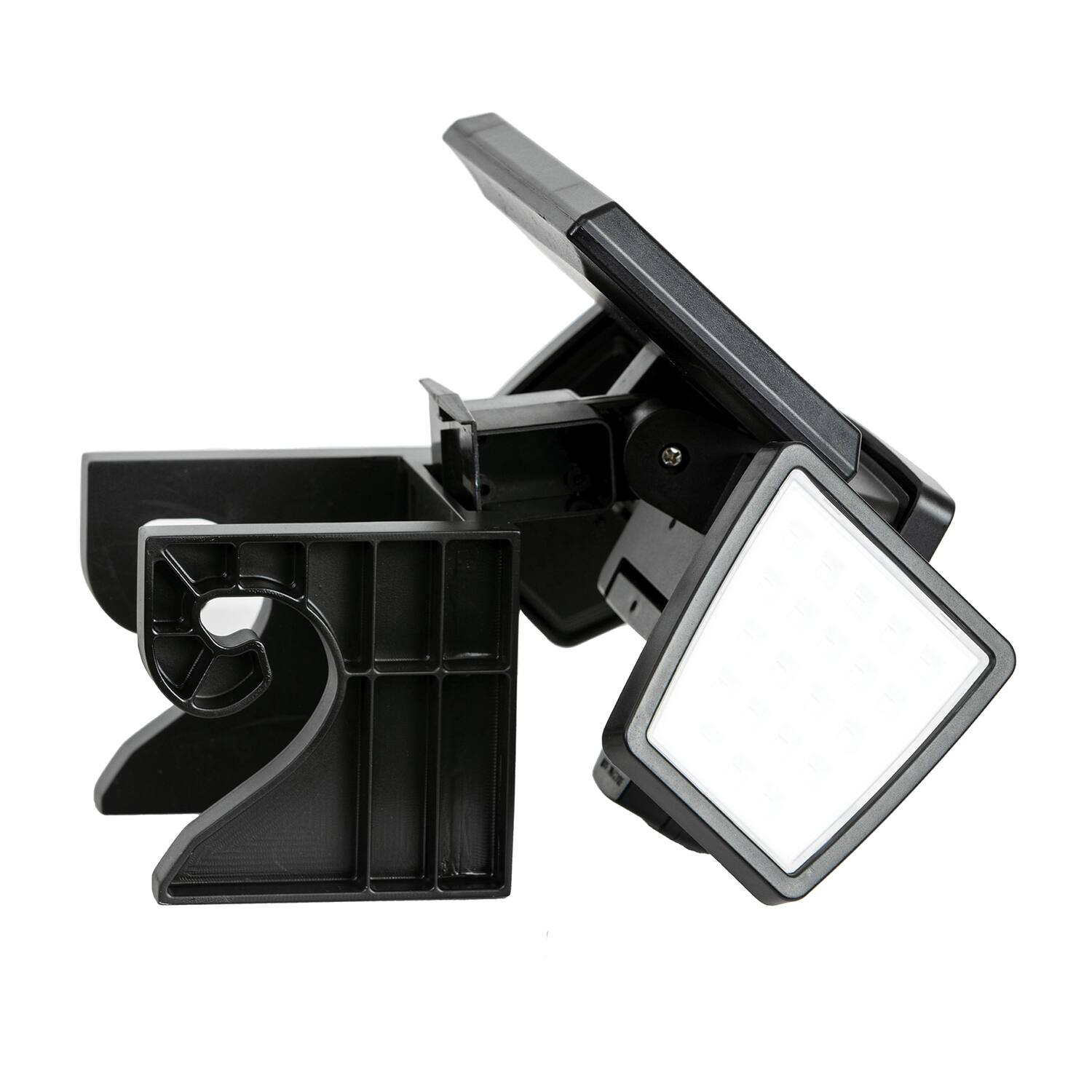 Left. Insert Toolless Products - Easy-Install 1000-Lumen Gutter-Mount Triple-Head Solar Security Flood Light - Black.