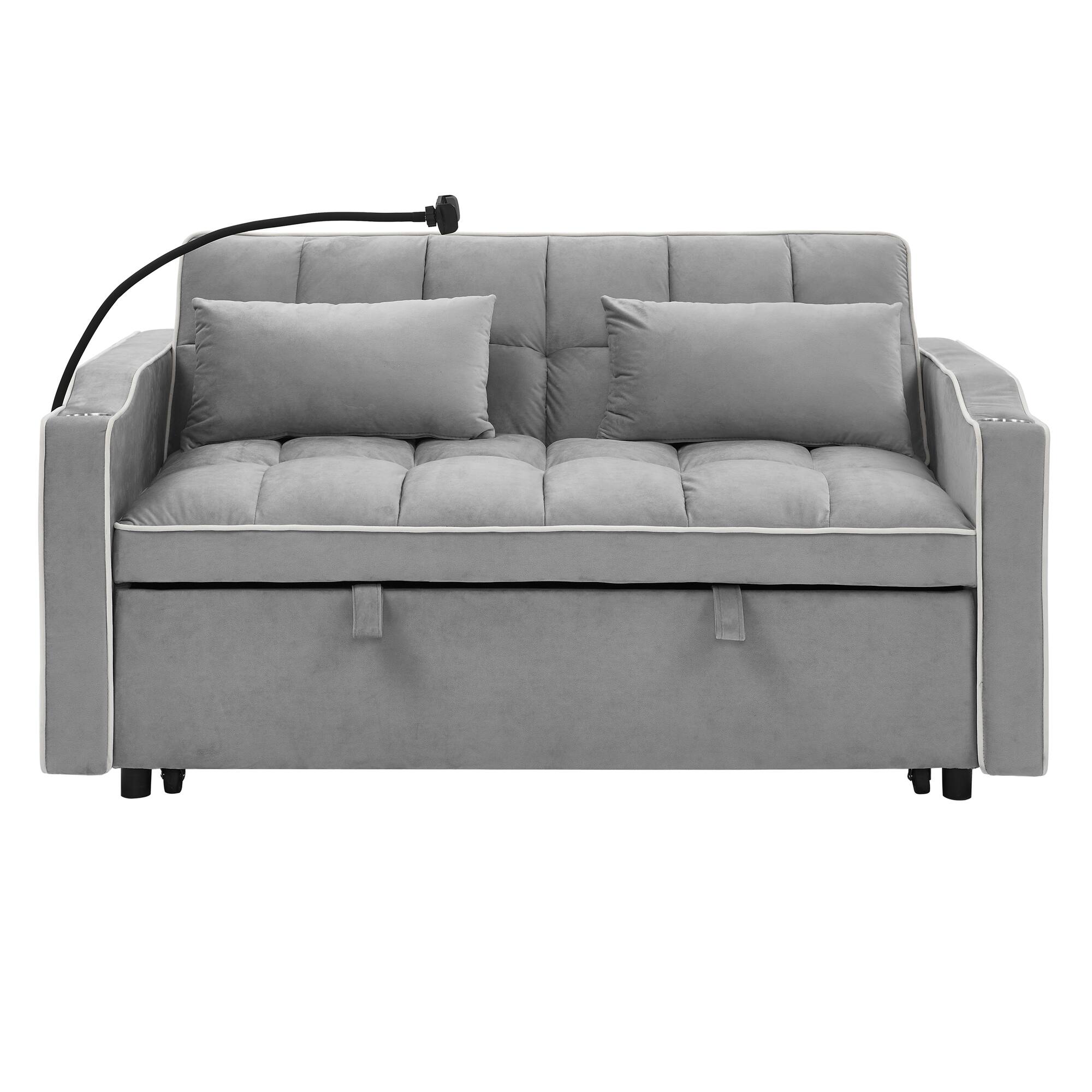 Alt View 8. Tiramisubest - Modern Velvet Versatile Foldable Sofa Bed in 3 Lengths,Adjustable Back w/ USB Port,Ashtray & Swivel Phone Stand (Grey) - Grey.