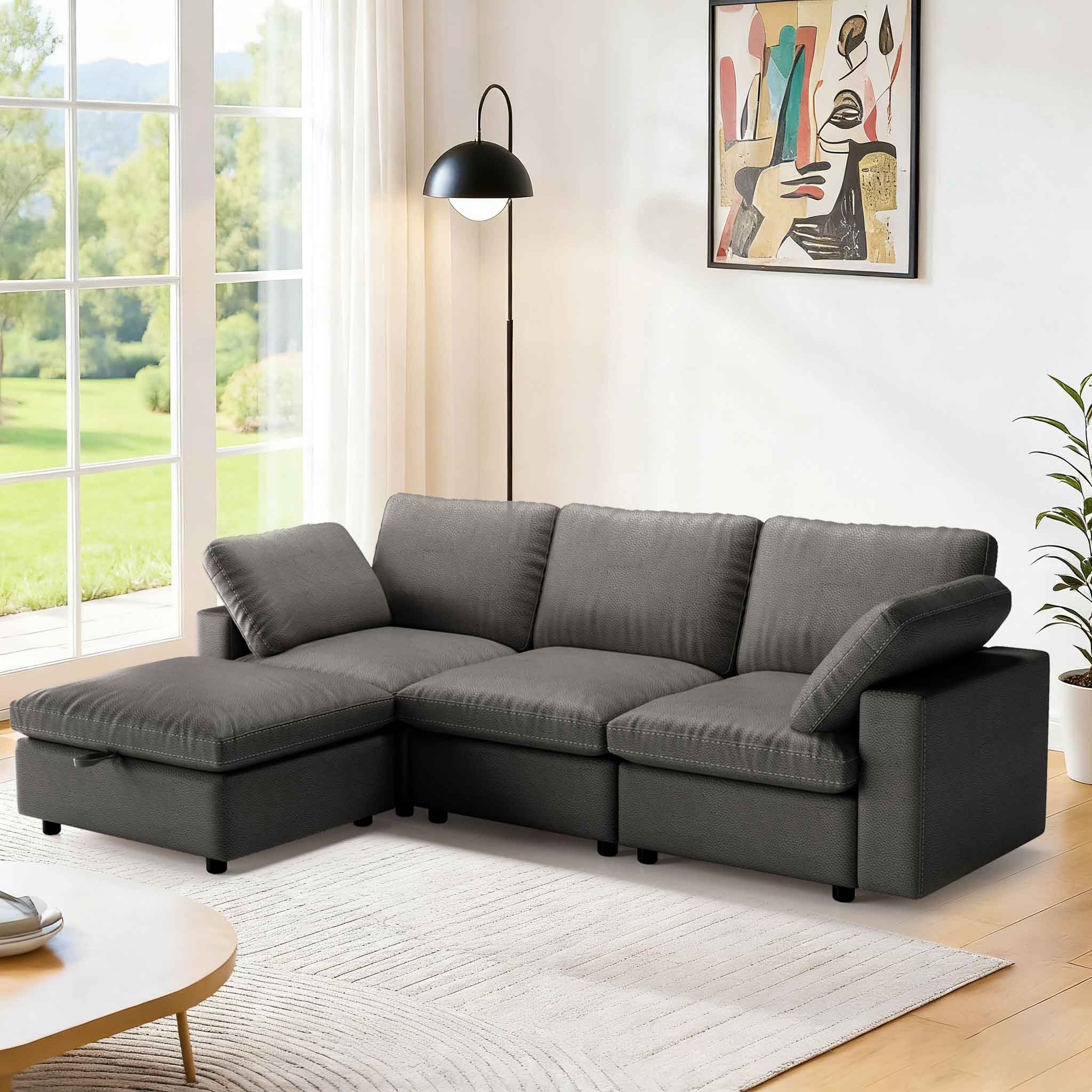 Dyonery - 100" Leather Modular Sectional Sofa with Storage Ottoman, 3-Seater L-Shaped Solid Wood Frame，Gary - Gray-L