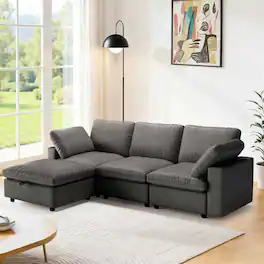 Dyonery - 100" Leather Modular Sectional Sofa with Storage Ottoman, 3-Seater L-Shaped Solid Wood Frame,Gary - Gray-L