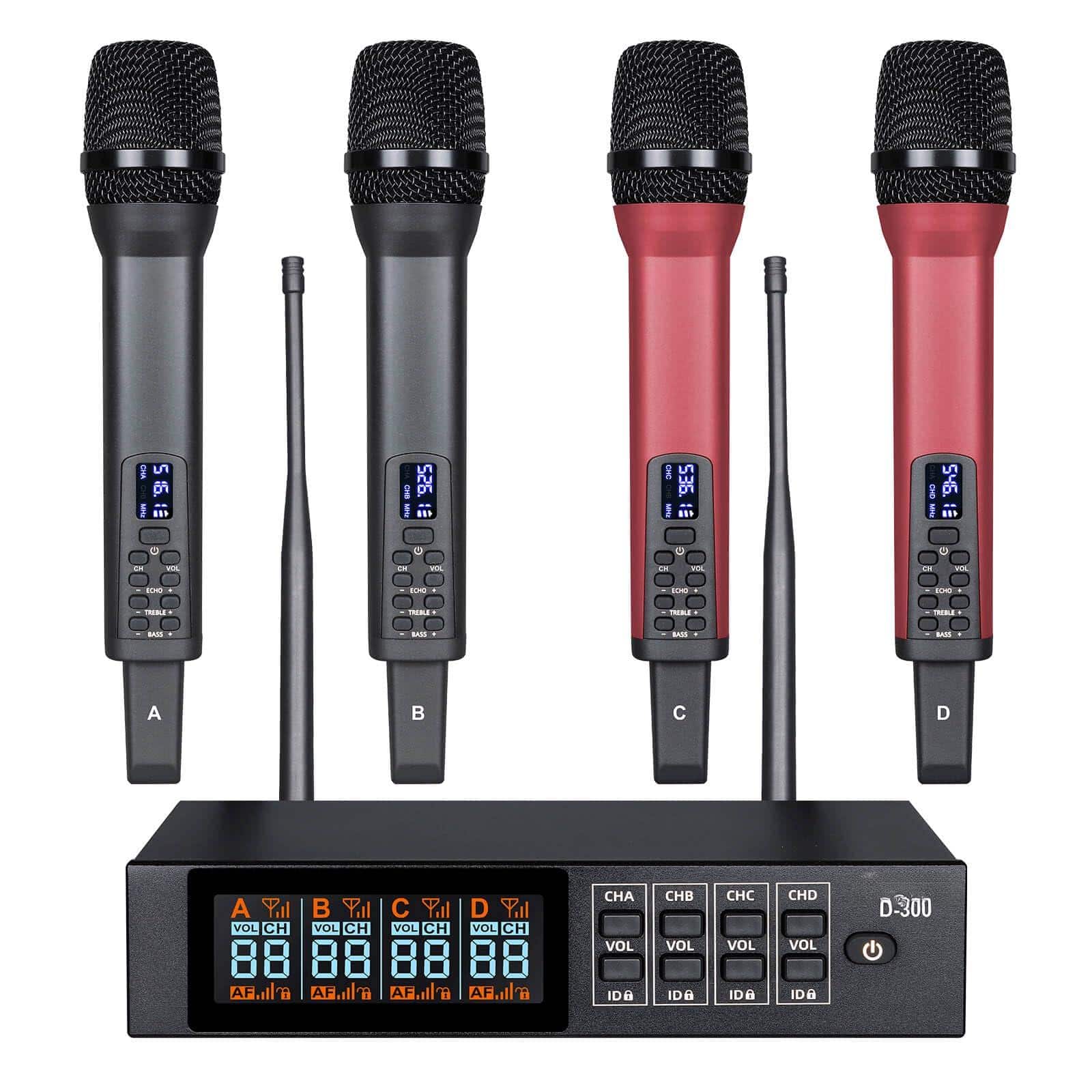 Reds Spade - Rechargeable microphone system uhf handheld cordless mics with vol echo treble bass control lcd display - Grey&Red; Rechargeable 4 Handheld