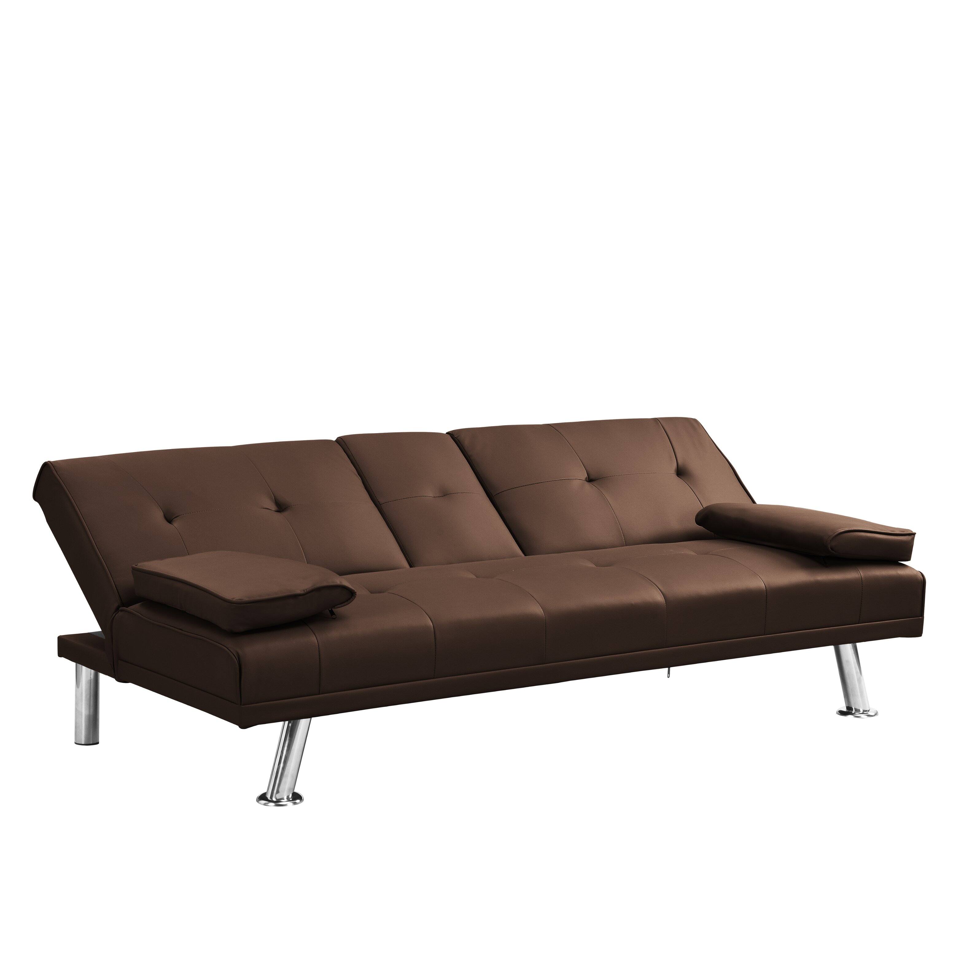 Alt View 2. Tiramisubest - Modern Sofa Bed with Armrest Two Holders, PVC Upholstery, Wood Frame, Stainless Steel Legs, Brown - Brown.